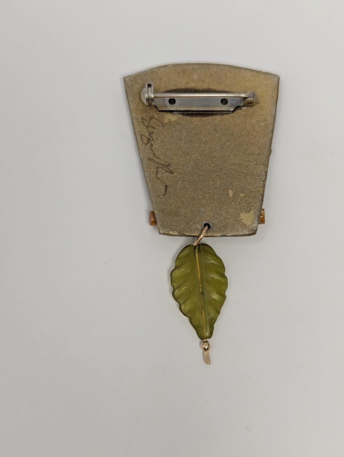 Suzan R Mixed Media Brooch Artisan Studio Jewelry Fabric Metal Leaf Dangle 2.5″