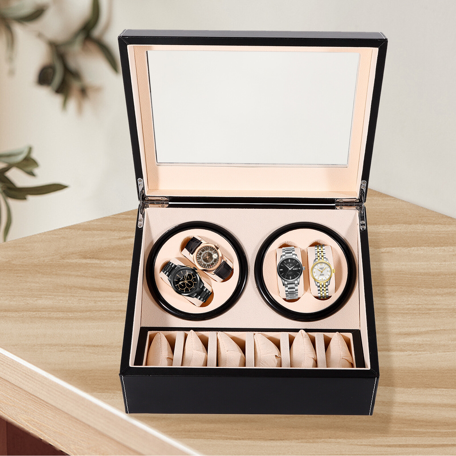 4+6 Automatic Rotation Watch Winder Display Case Wooden Storage Box US