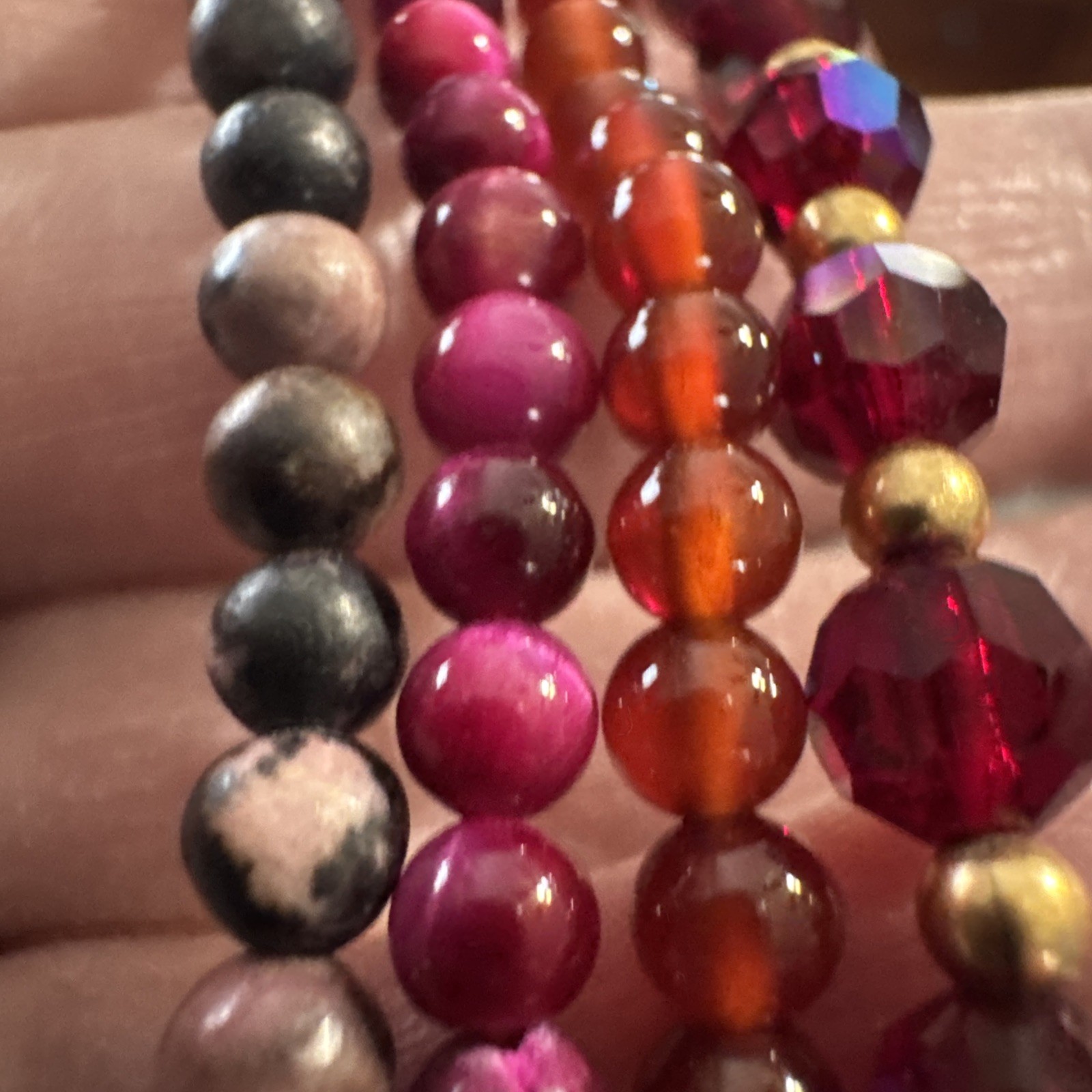 Beaded Gemstone Stretch Bracelets, Set Of 4- Red, Pink, Orange…Approx 2-3mm