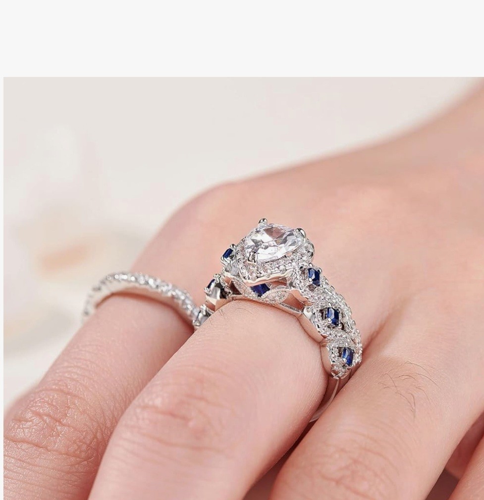 NEWSHE STERLING SILVER BLUE SAPPHIRE 3 PIECE RING SET CUBIC ZIRCONIA SIZE 5