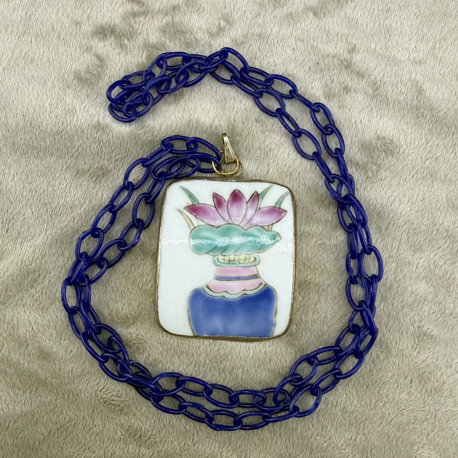 Vintage Chinese Painted Artisan Necklace Ceramic 34”