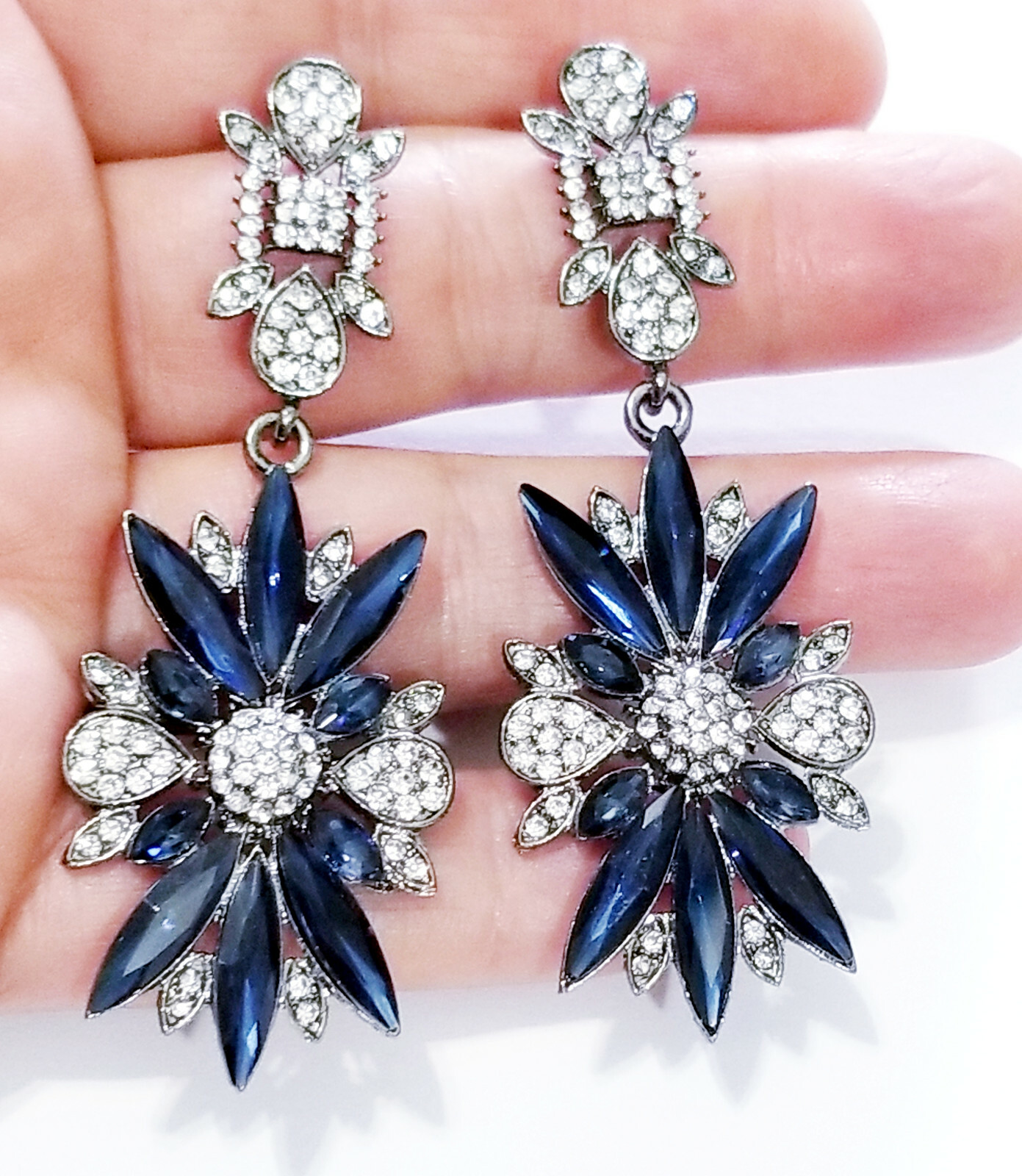 Rhinestone Chandelier Drop Earrings Steampunk Prom Pageant Jewelry 2.8 in Blue