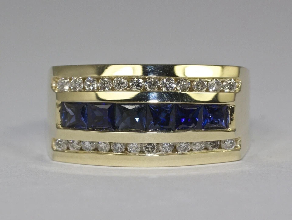 Men’s Wedding Eternity Ring Lab Grown Blue Sapphire & Diamond 14k Yellow Gold