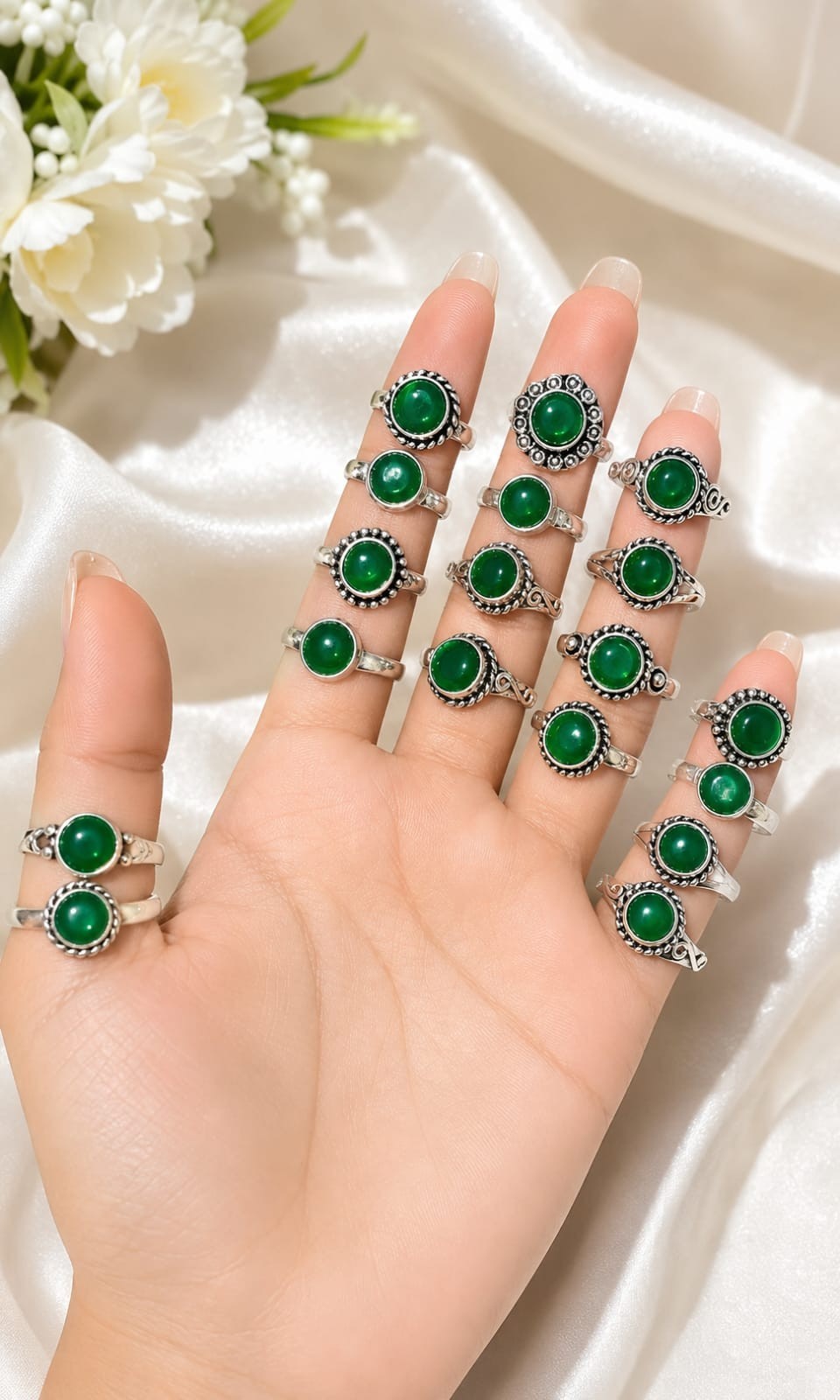 Handmade Sterling Silver Plated Mix Size Green Onyx Stone Ring Wholesale Lot.