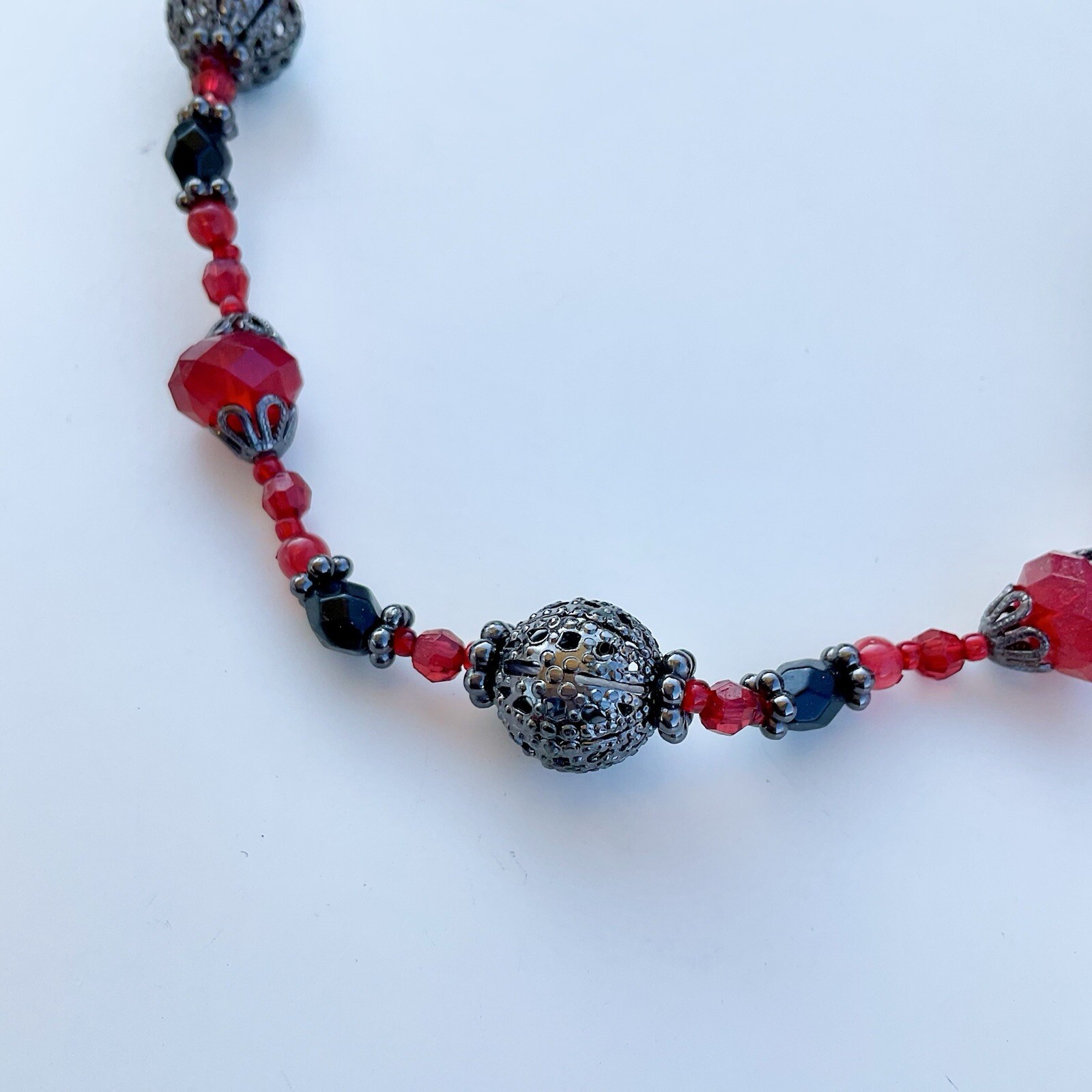 1928 Jewelry Red & Black Ornamental Beaded Necklace, 19” Adjustable