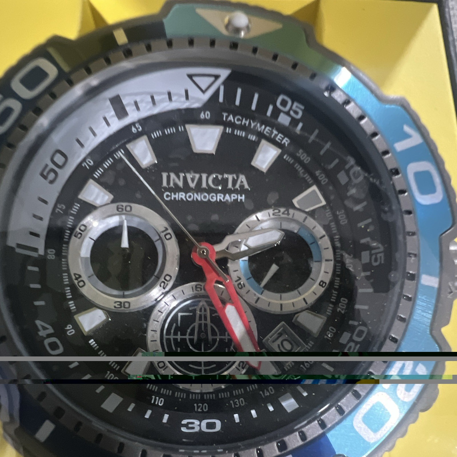 Invicta Chronograph Quartz Tachymeter Date Black Dial Blue/Black Bezel Box