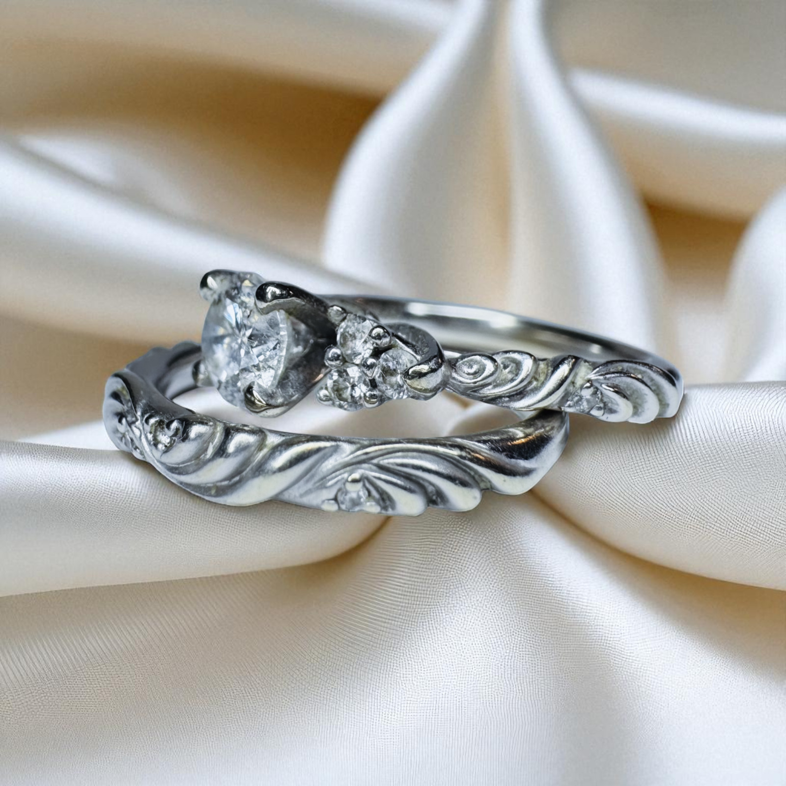 14K White Gold 1CT Diamond Ring Wedding Set $5375 Floral “Gossimer” by ARTCARVED