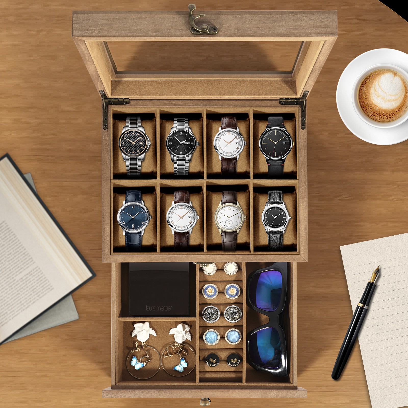 8 Slots Watch Box Solid Wood Watch Case Jewelry Storage Glass Lid Display Case