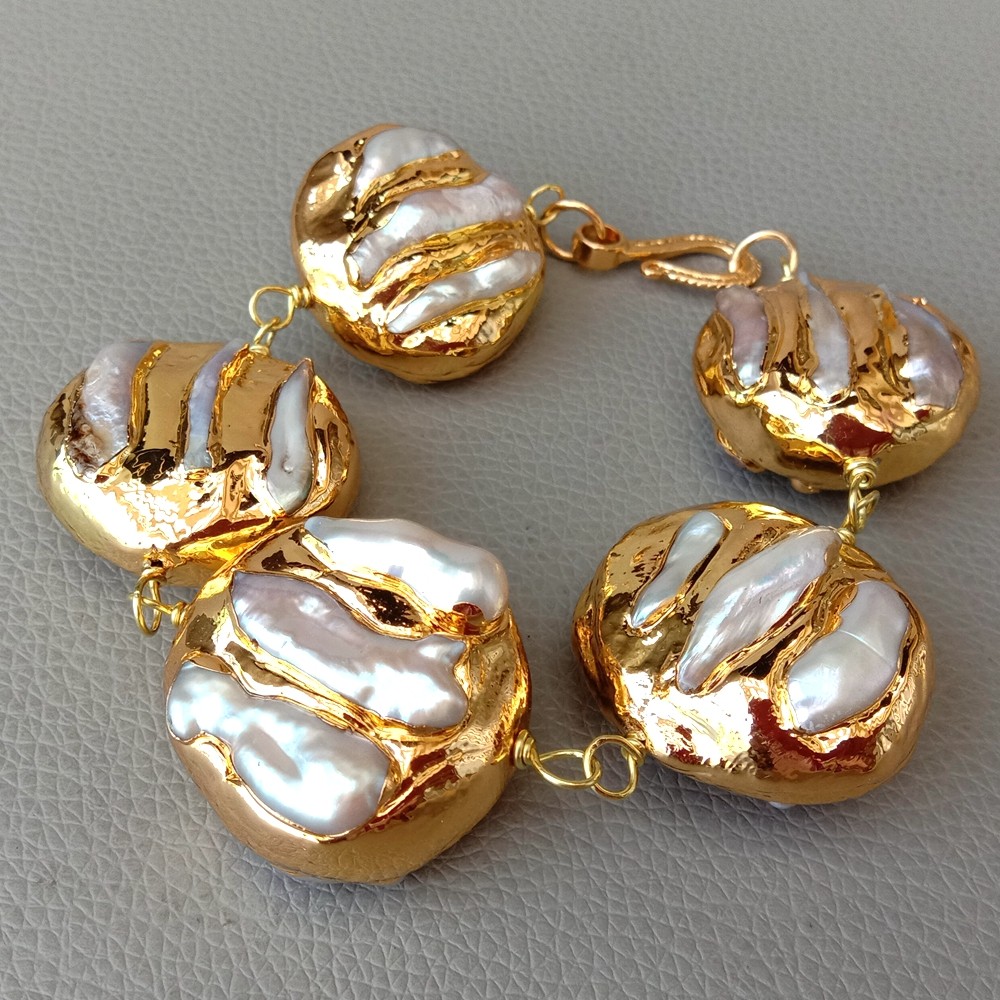 8.5″ White Keshi Pearl 24 K Yellow Gold Plated Bracelet