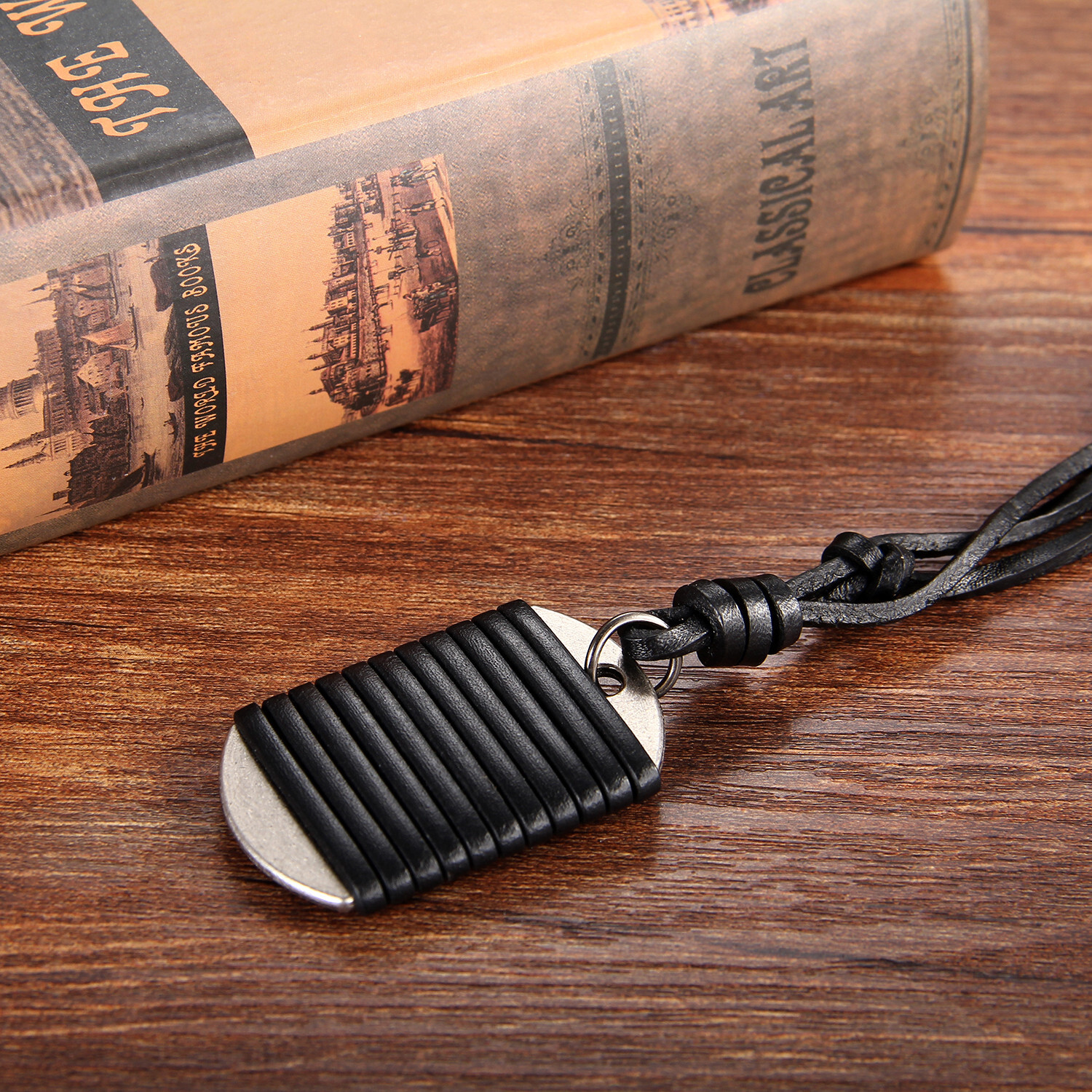 Army Military Dog Tag Men’s Black Leather Pendant Necklace w Adjustable Cord