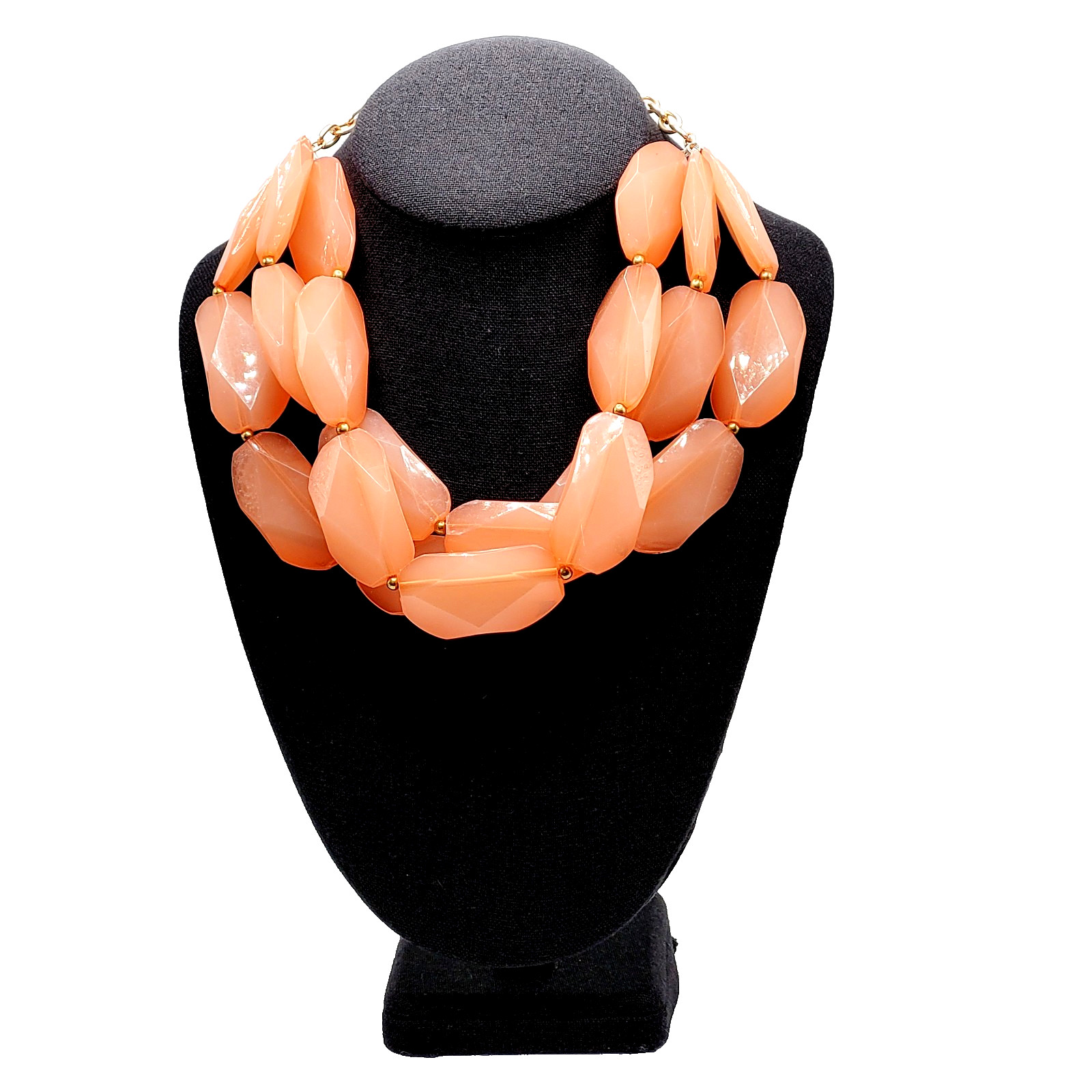 Glamourous Melon Peach Orange Shade Lucite Triple Strand Beaded Necklace 21 Inch