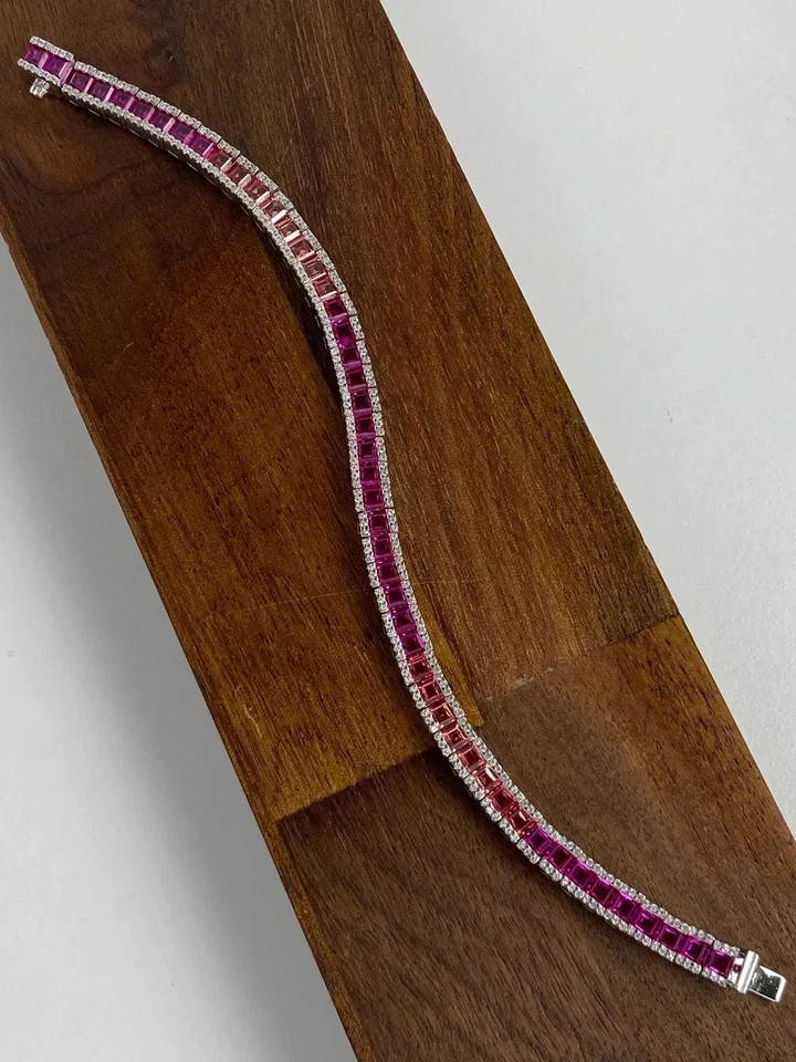 12Ct Princess Cut Lab Created Pink Ruby & Diamond Bracelet 14k White Gold Plated