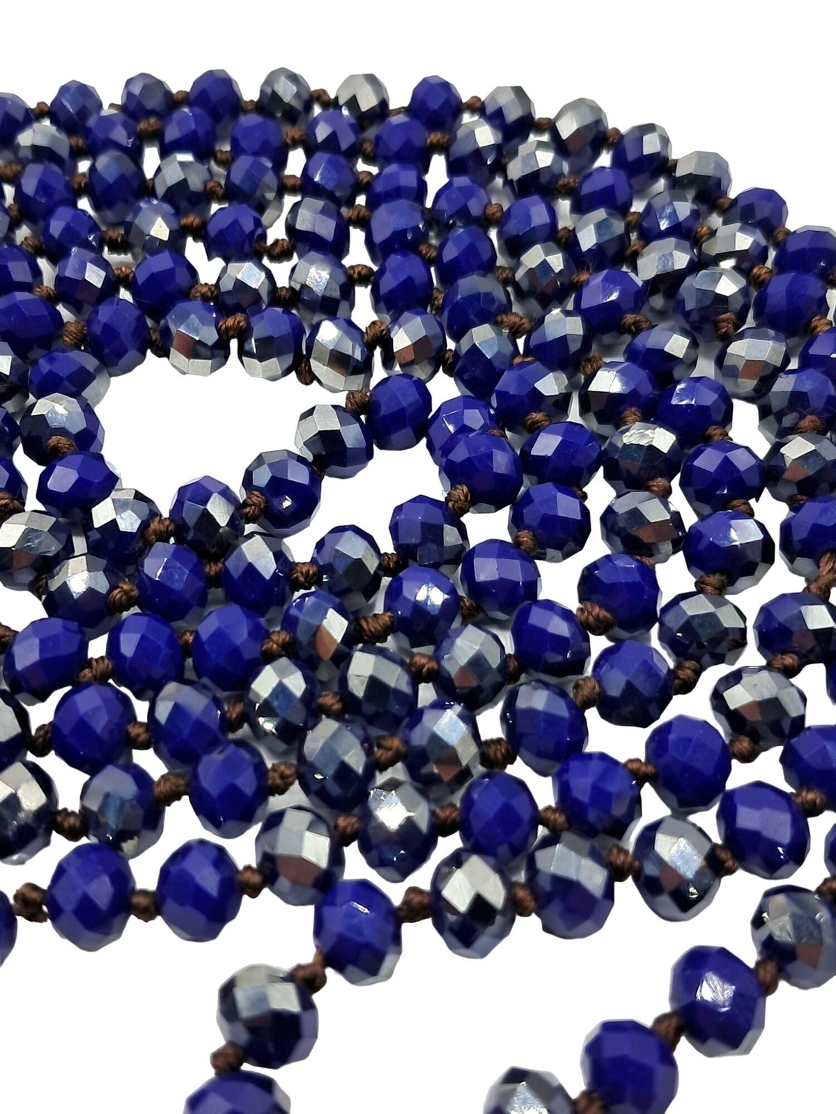 Vintage Glass Beaded Necklace Cobalt Royal Blue Silver Aurora Borealis Hand Knot