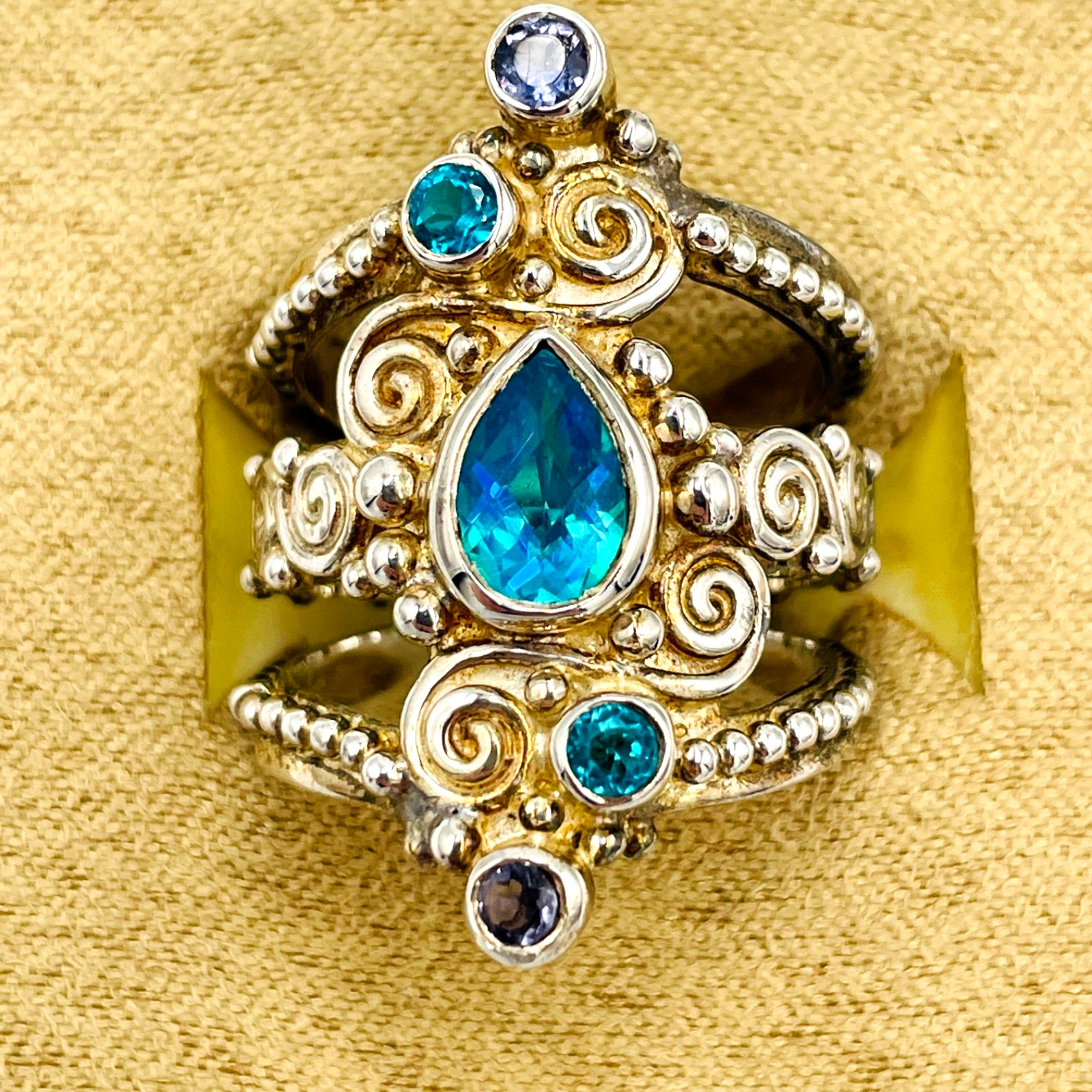 Sajen Mystic Fire Quartz Multi Gemstone 925 STS Adjustable Ring Sz 9 Boho Hippie