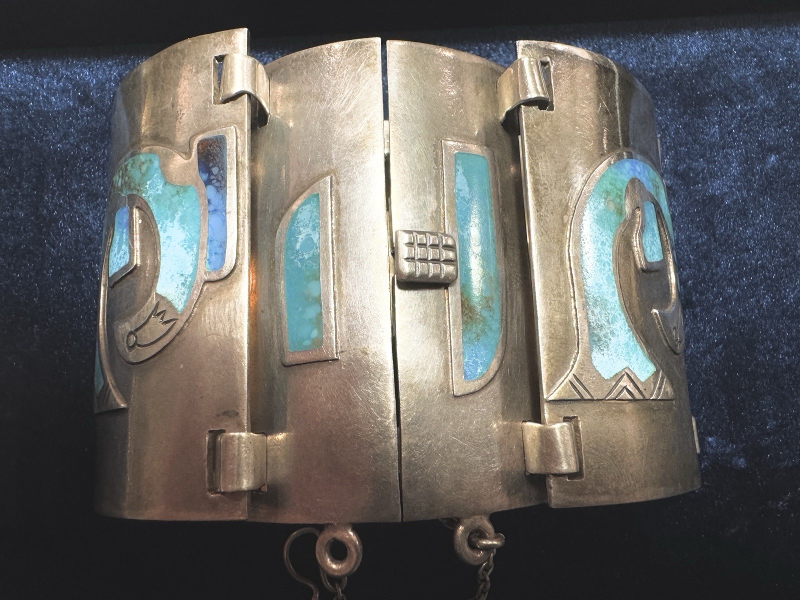 Graziella Laffi Peru 925 Sterling Turquoise Enamel Bird Panel Bracelet 119g