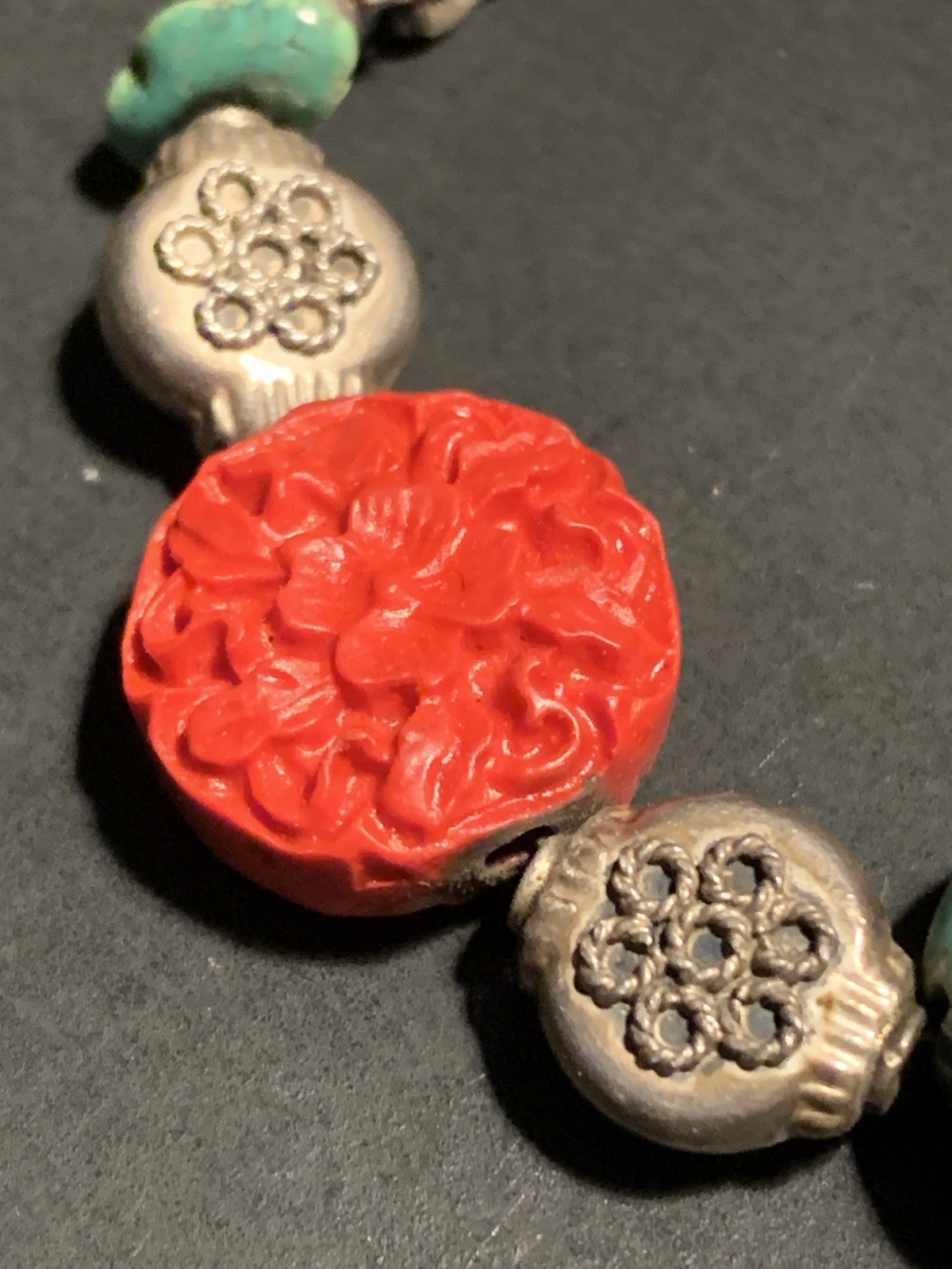 Turquoise & Carved Coral or Red Colored Bead Bracelet