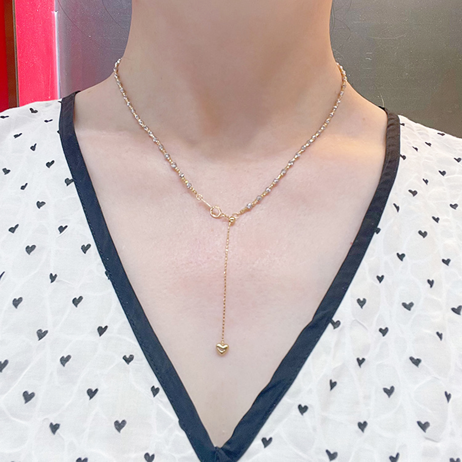 18k Solid Gold Two-Tones Bead Ball Chain Necklace Women Shiny Stack Bracelet