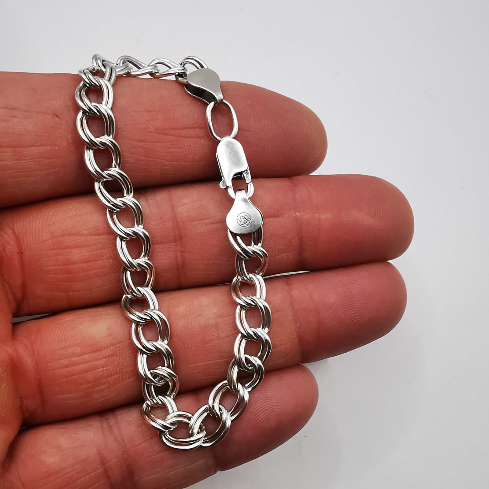 925 Sterling Silver Double Link Curb Charm Chain Bracelet 9.84g Lobster Clasp