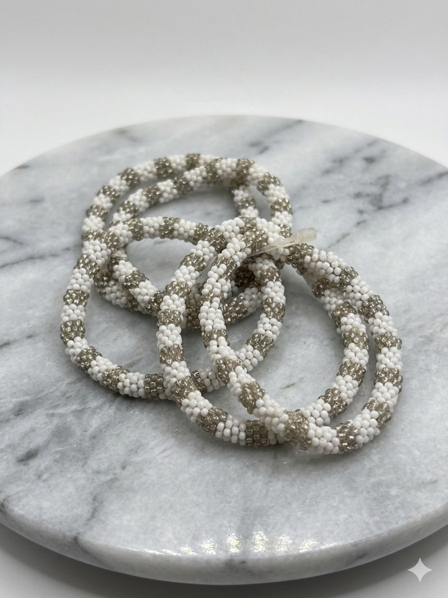 Handcrafted Nepalese Piece Roll-On Seed Bead Bracelet Stack – White & Metallic