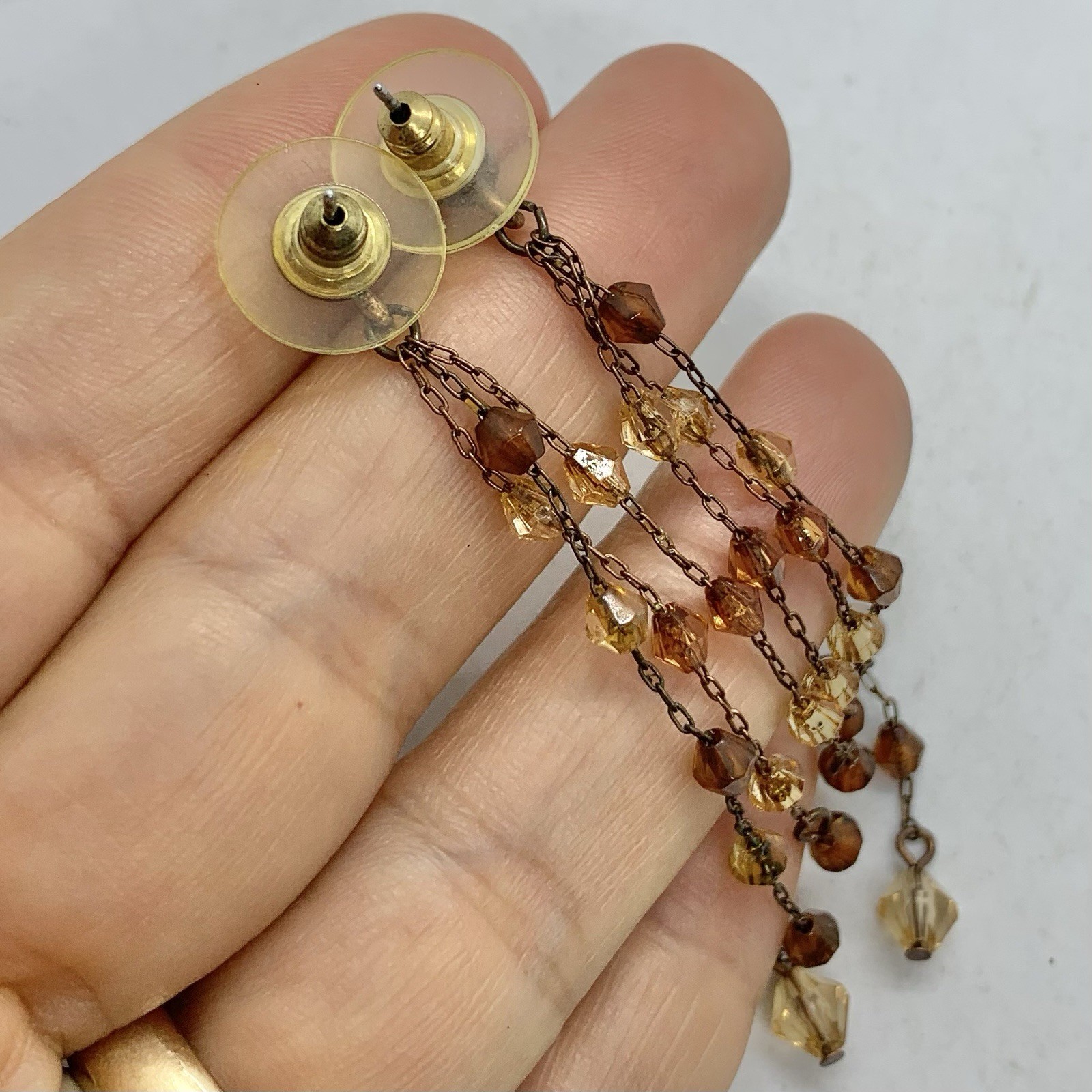 Vtg Yellow Brown Acrylic Crystal Chain Tassel Earrings Dangle Long Rhinestone