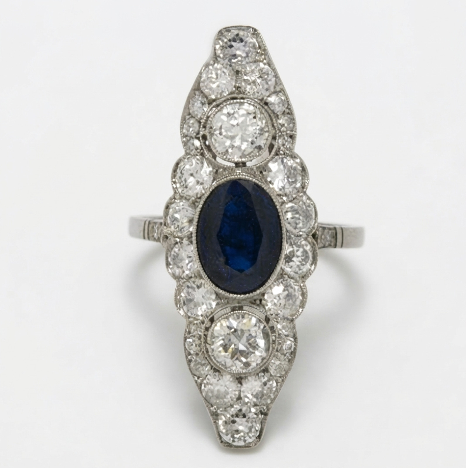 14K Gold Art Navette Trilogy Cocktail Dinner Ring Blue Oval Lab Created Diamond