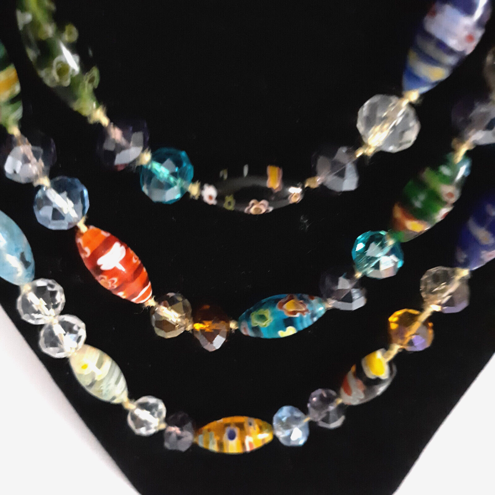 VTG Millefiori Style Art Glass Beads & Crystals Hand Knotted 25″ Stand Overhead