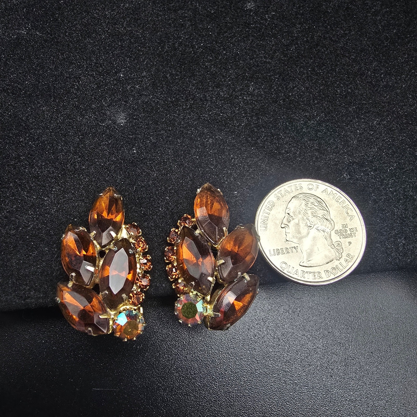 Faux Citrine Amber Rhinestone Clip On Earrings Vintage Glam Costume Jewelry
