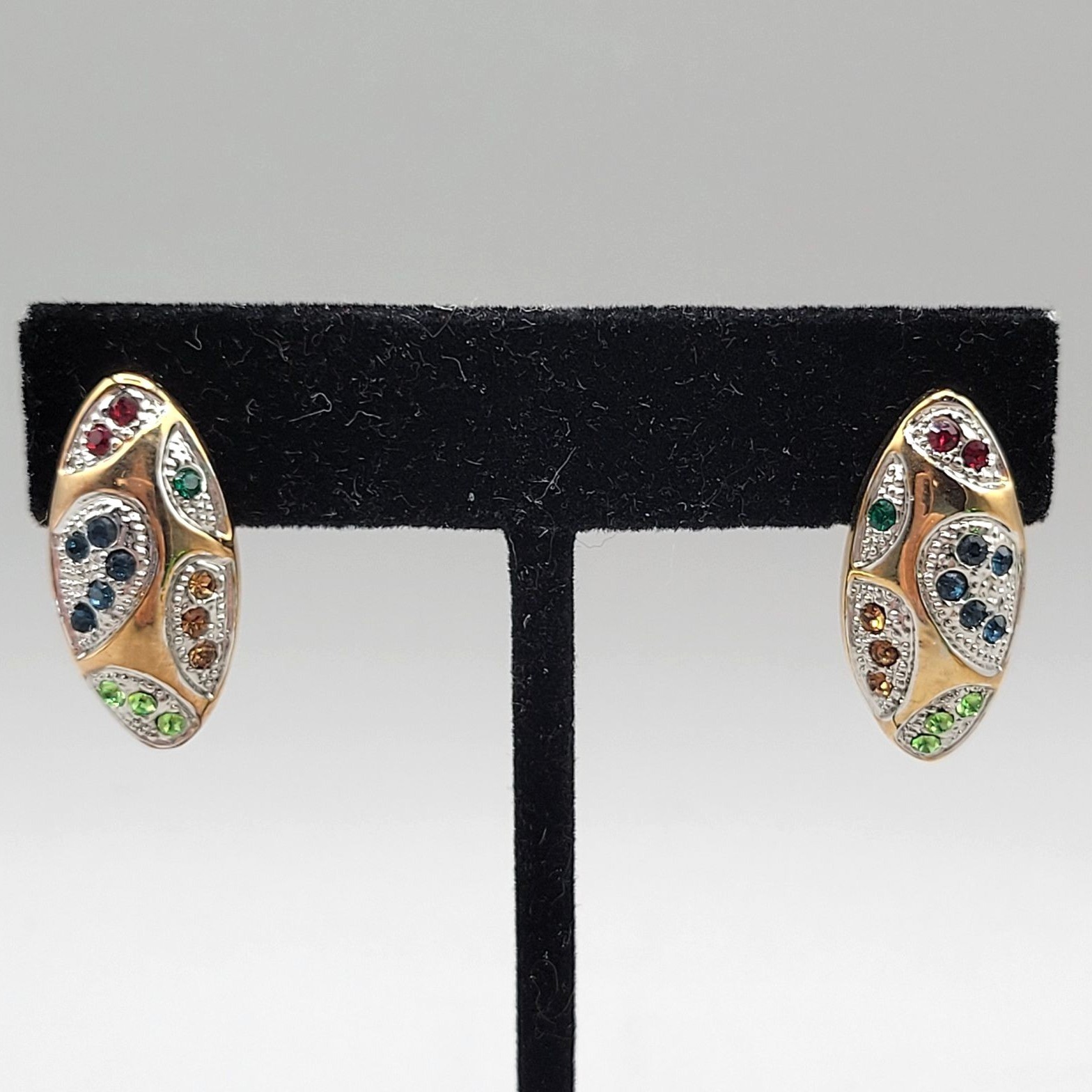 Gold and Silver Tone Rhinestones Oval Post Earrings Textured Backing