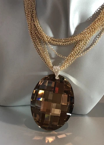 14K Gold Plated Chain Brown Big Oval Pendant Sweater Necklace Toggle Clasp