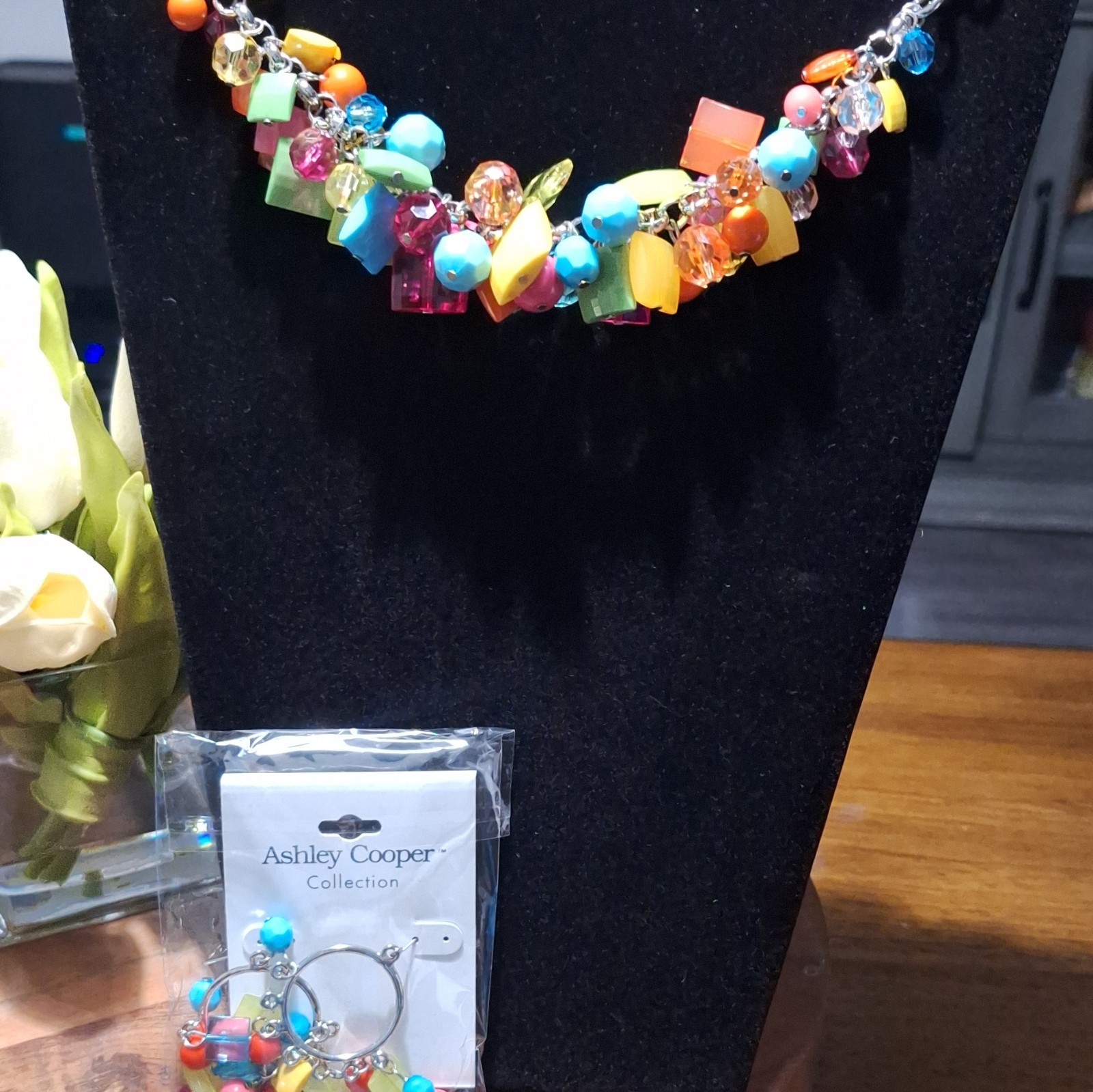 Ashley Cooper Collection Multicolor Plastic Beaded Necklace + Hoop Earrings Set