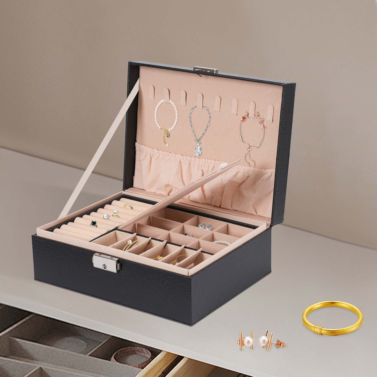Small Jewelry Box Necklace Ring Storage Organizer Case Double Layer Travel Box