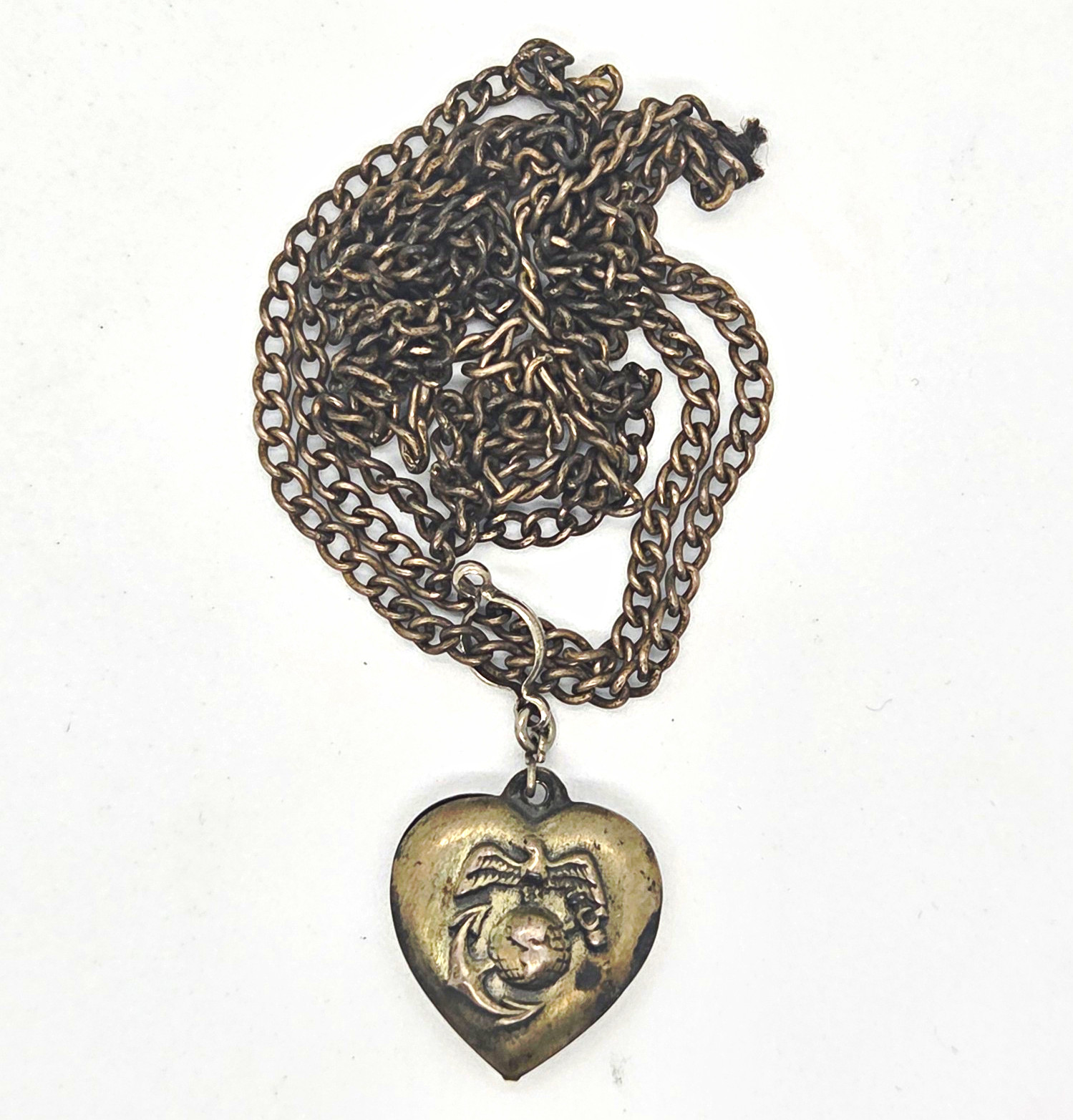 Vintage WWII USMC Marine Corps Sterling Silver Puffy Heart NecklaceEGASweetheart