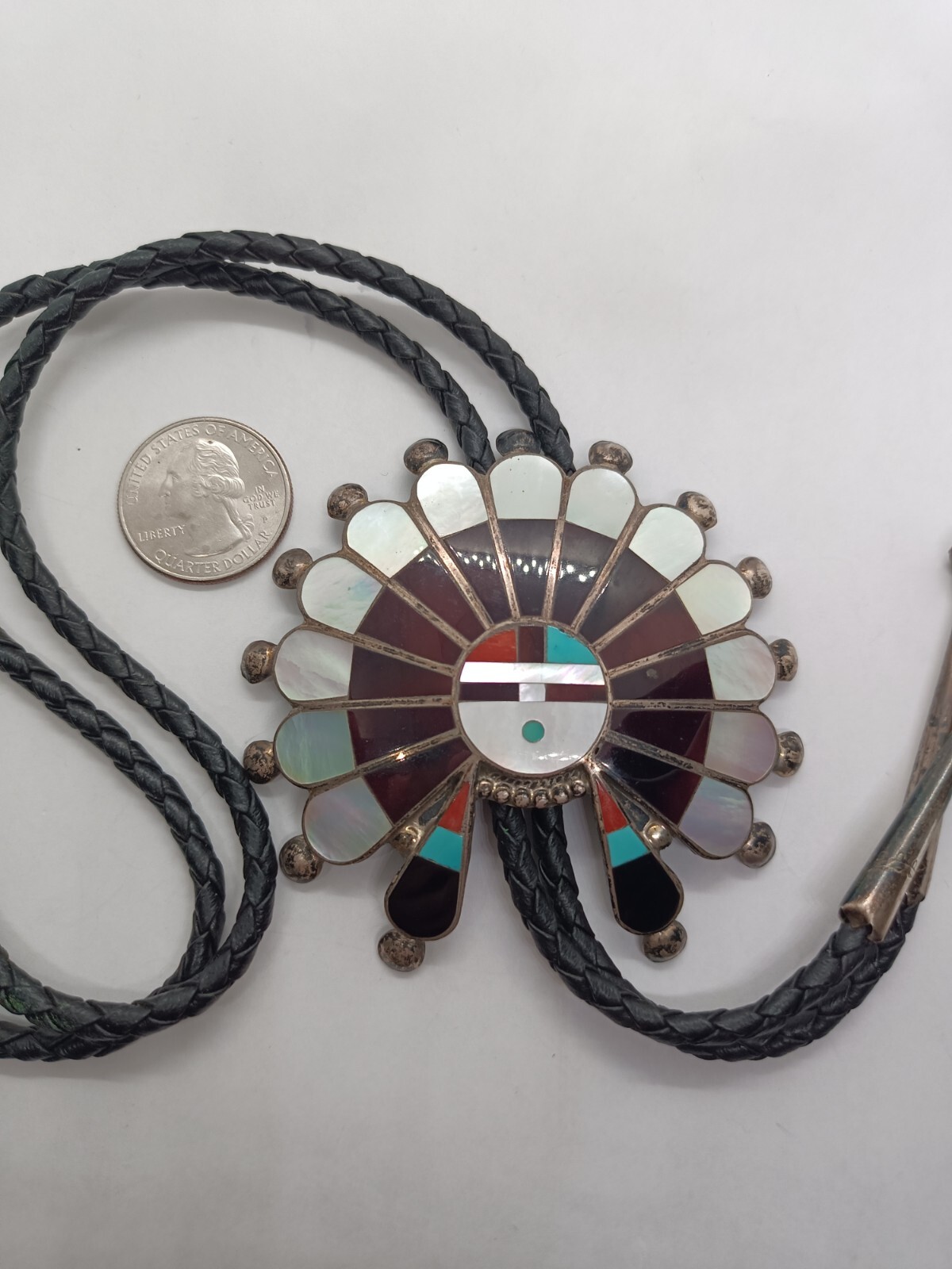 Sterling Silver Zuni Headdress Bolo Tie Signed By Designer
