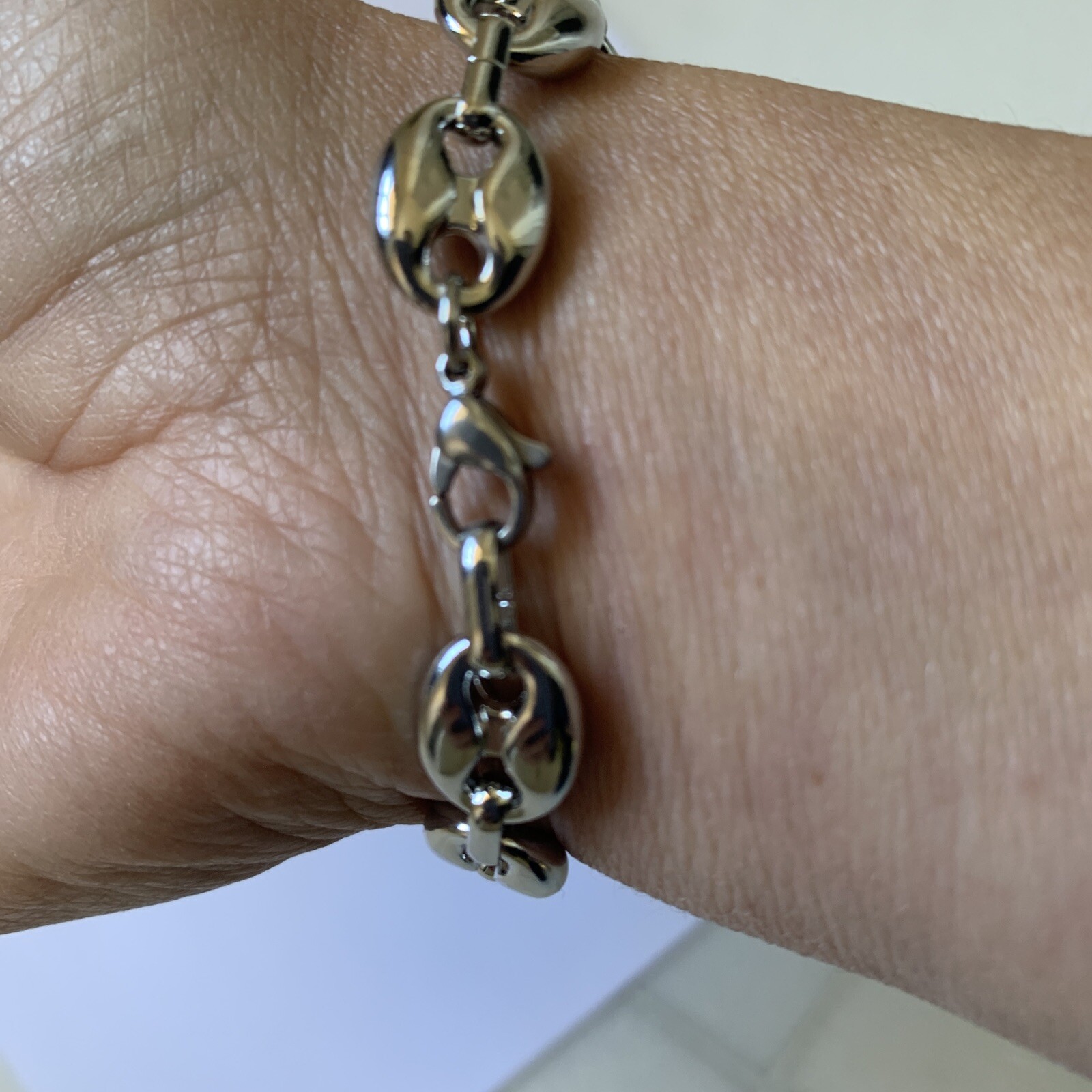 14k White gold Plated Puffy Puffed Anchor Mariner Link Chain Bracelet 1cm thick