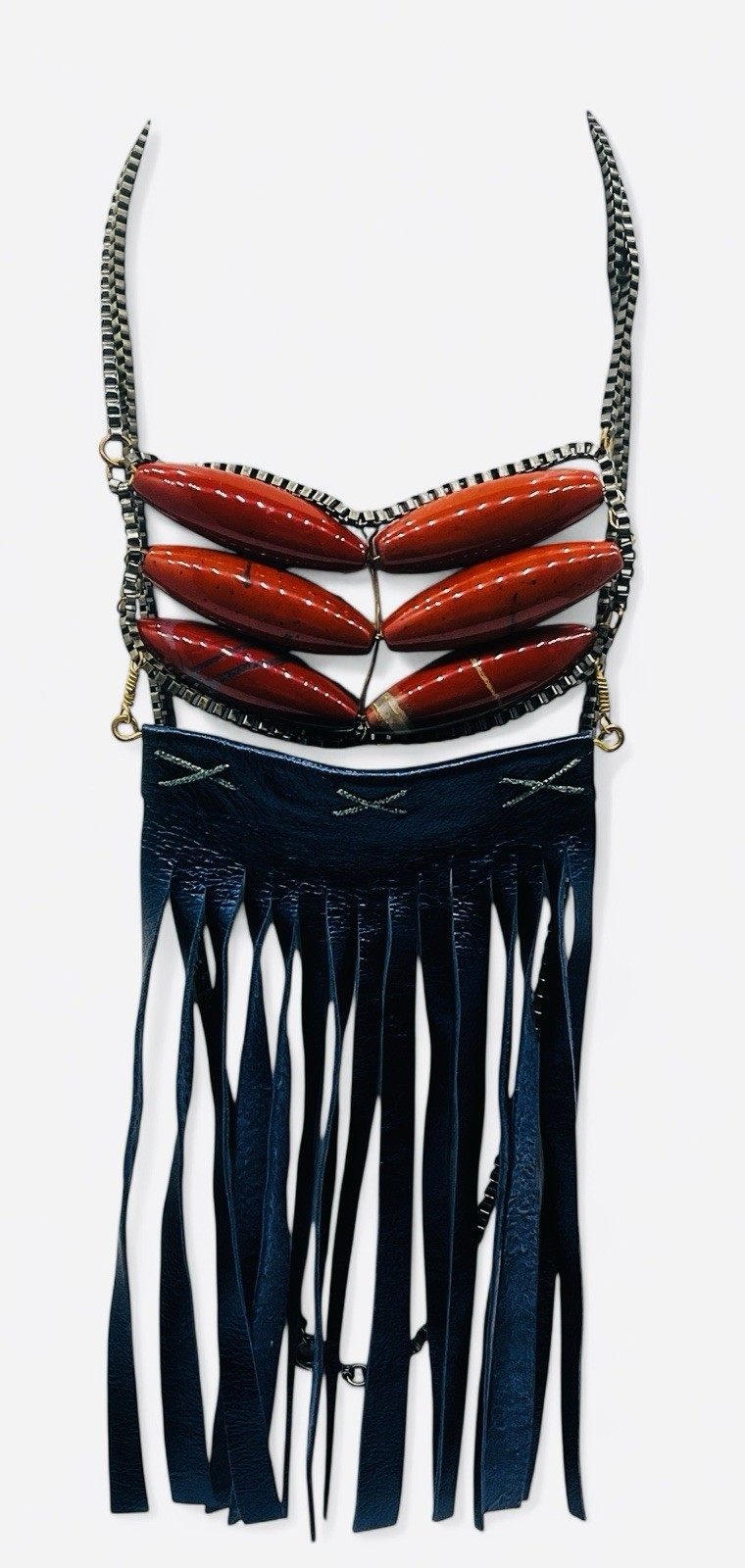 Vintage 70’s Native Inspired Ethnic Jasper Stone And Leather Fringe Necklace