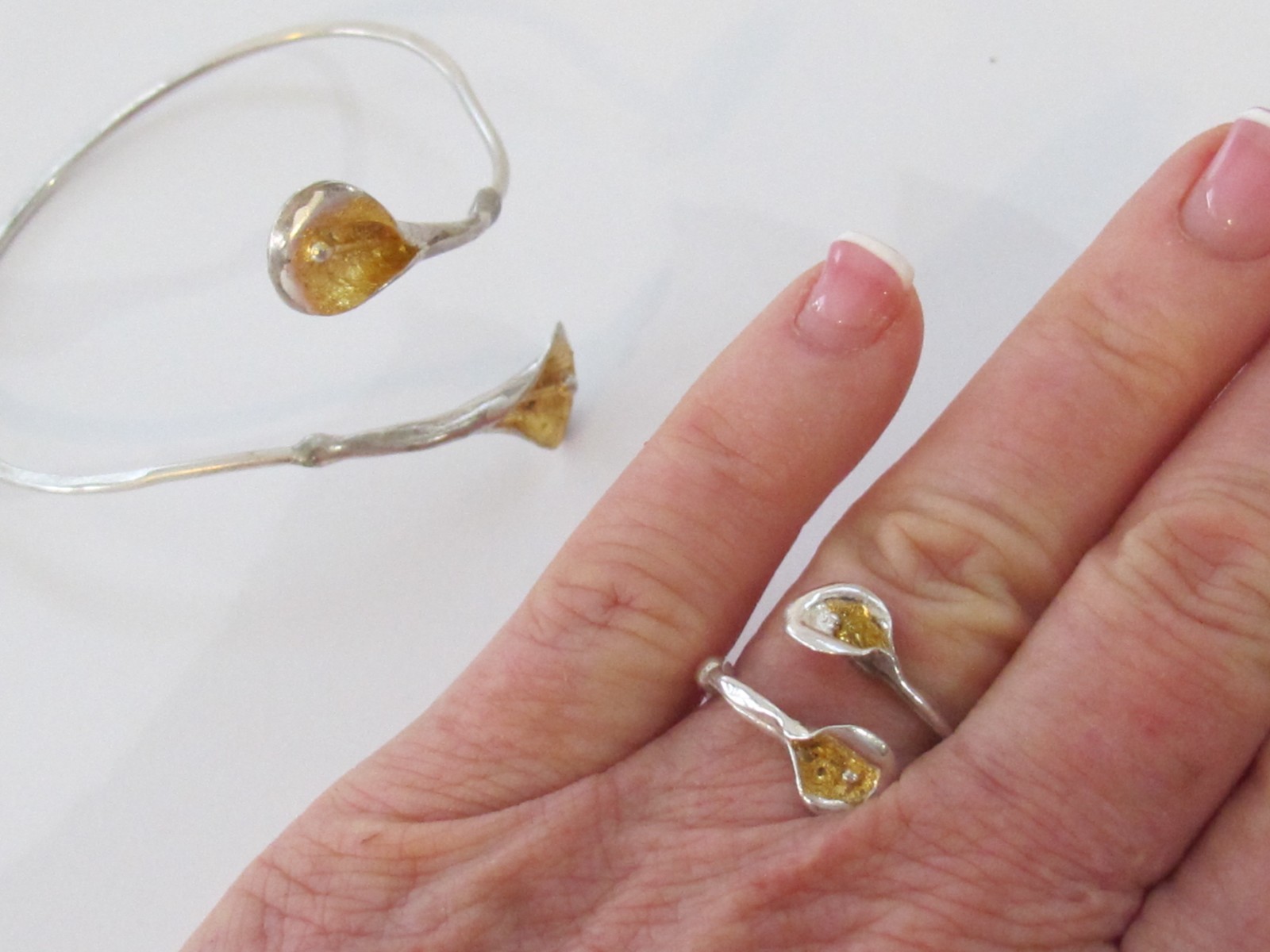 Artisan Sterling Silver 925 & Gold Flower Calla Lily Cuff Bracelet & Ring Set C3