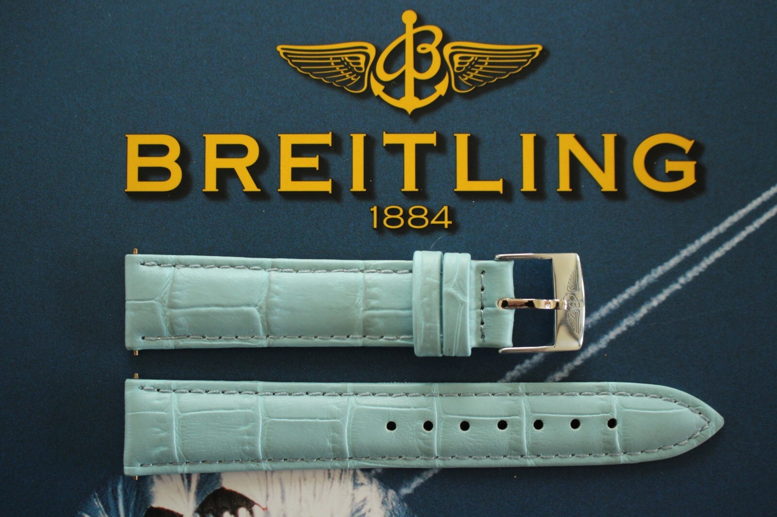 18-16 SKY BLUE CROCO CALF TONGUE BUCKLE WATCH BAND WATCHBAND STRAP FOR BREITLING