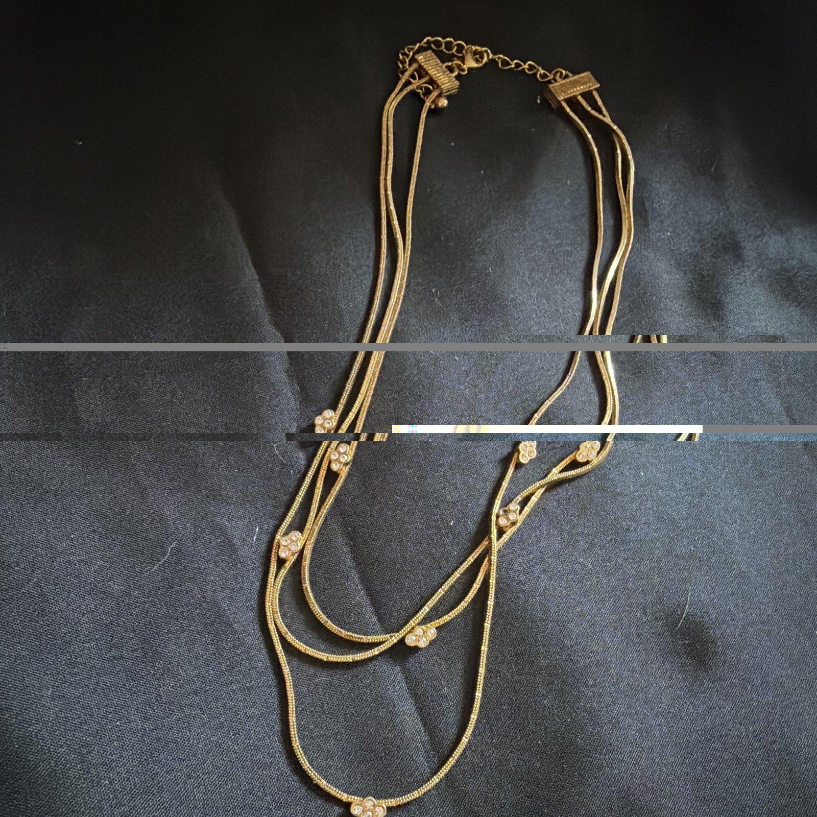 Gold-Tone Layered Snake Chain Necklace Clear Round Crystal Charms Lobster Adj