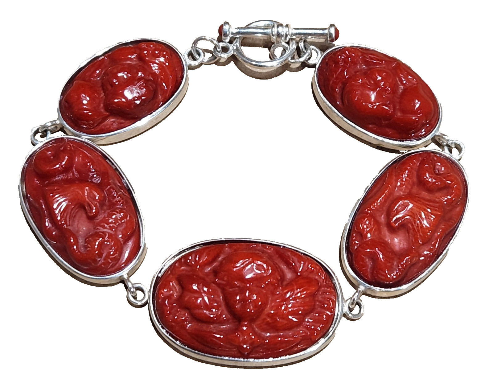Carved Deep Red Coral Cherub ANGEL Link 5 Panel Sterling Silver Toggle Bracelet
