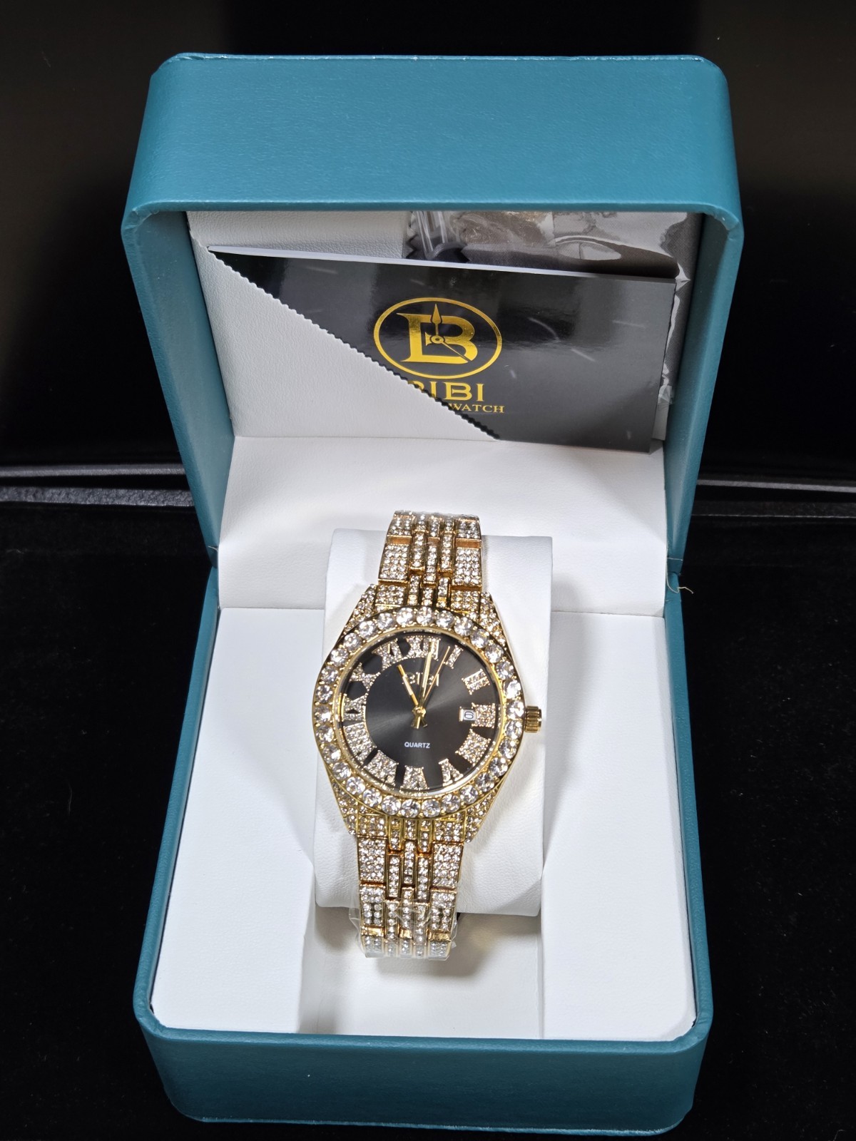 BIBI Luxury Watch B0081 Black Dial, Gold Tone Iced Out Crystals Case & Bracelet