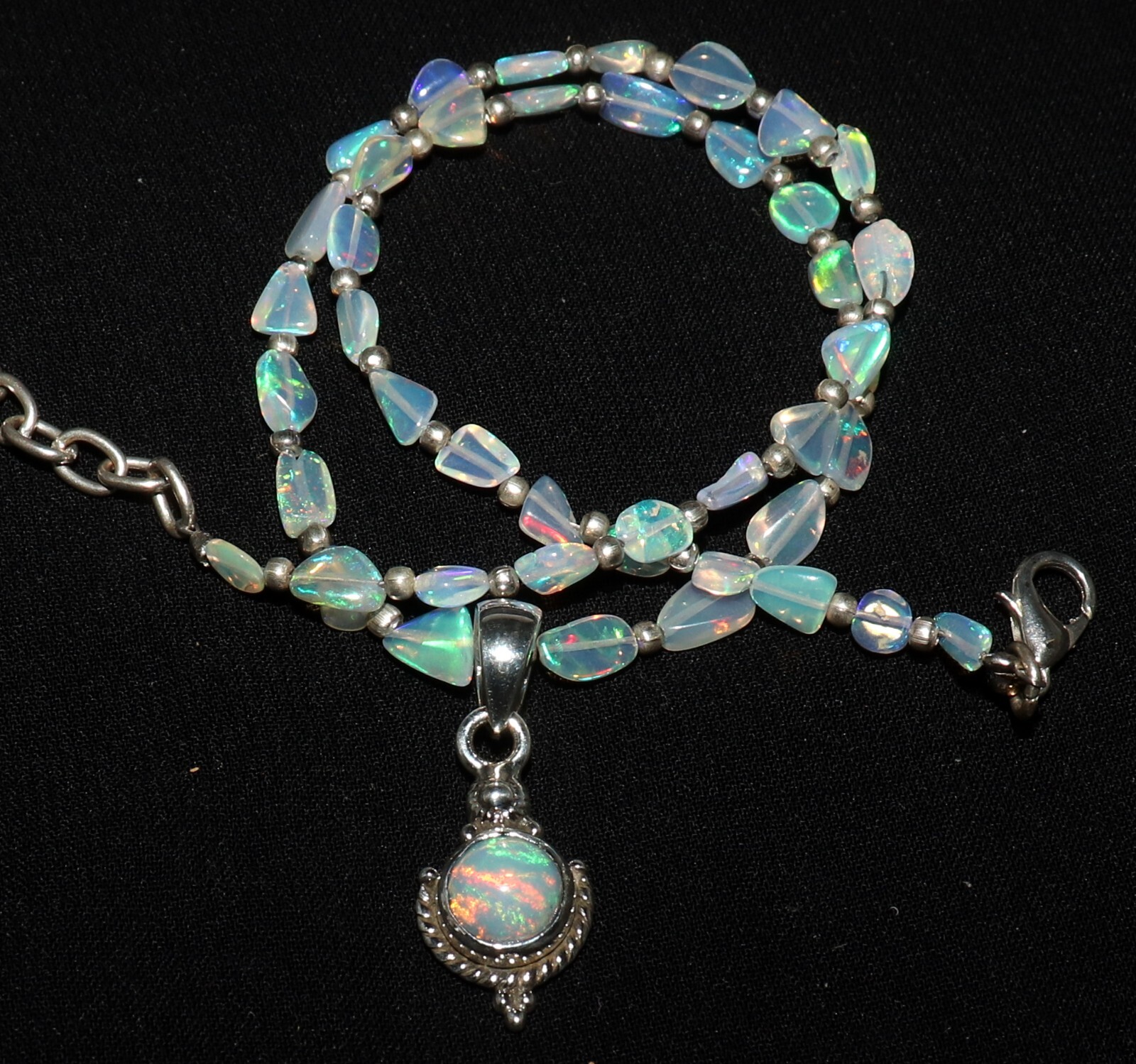 Ethiopian opal beaded necklace with sterling silver opal pendant opal tumble