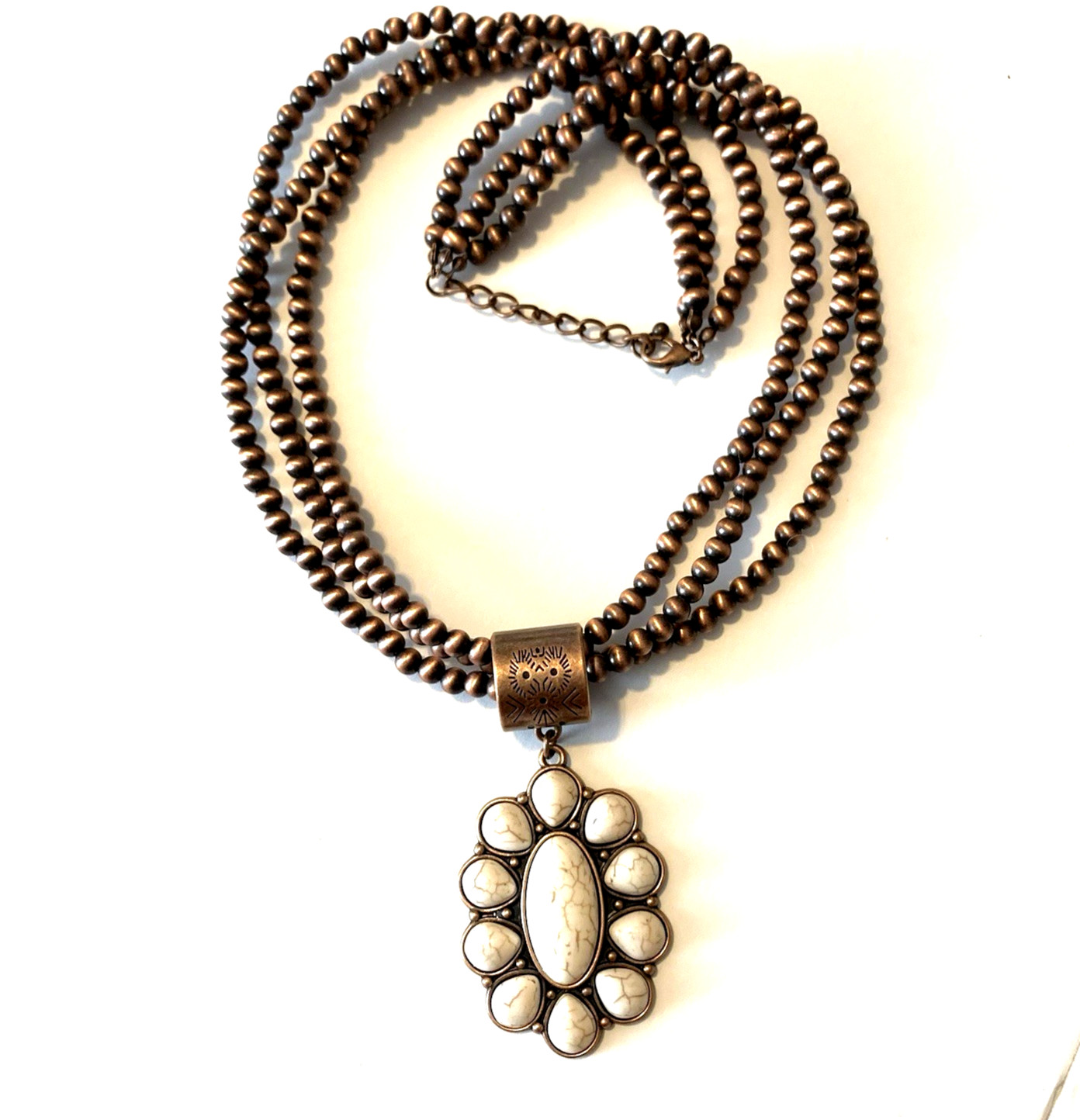 Southwestern White Faux Turquoise Necklace Copper Beads Multistrand Statement