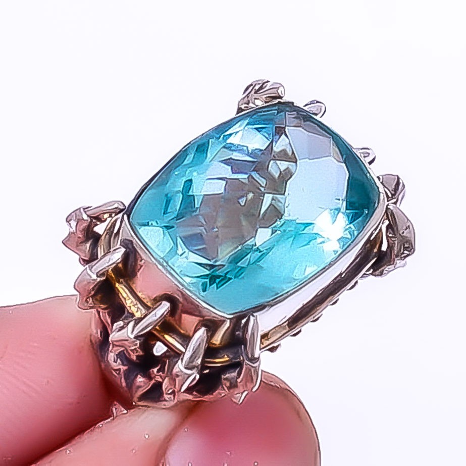 Designer – Neon Blue Apatite 925 Silver Plated Bali Ring s.5 A23