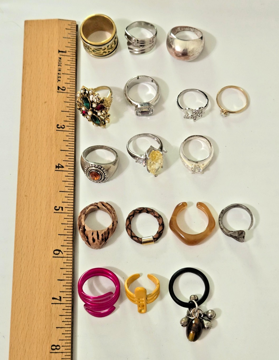 Fashion Ring Lot, 17 Rings. Stones, Metal, Wood, Plastic. Various Sizes, Colors.