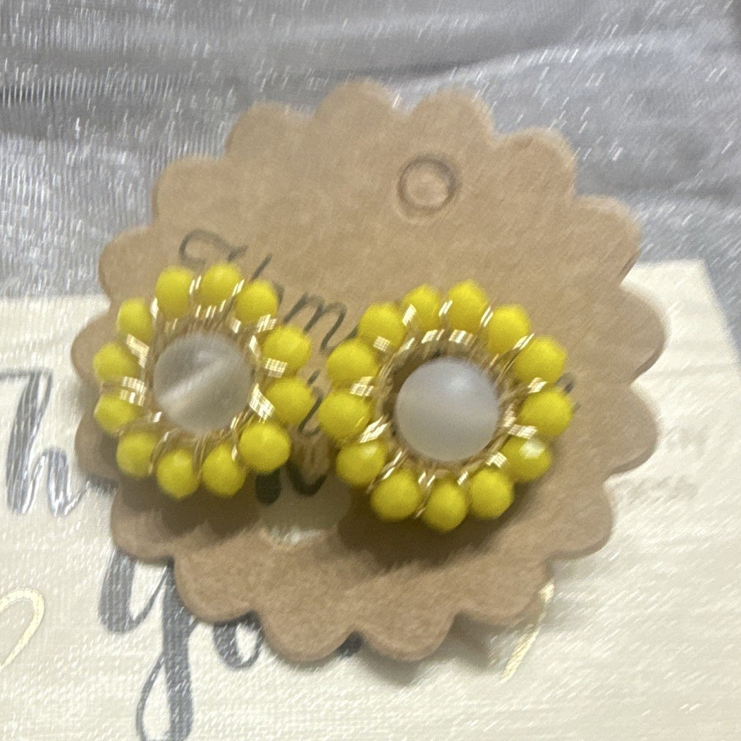Handmade Gold Tone Yellow Beaded Flower Stud Earrings w/ White Round Center