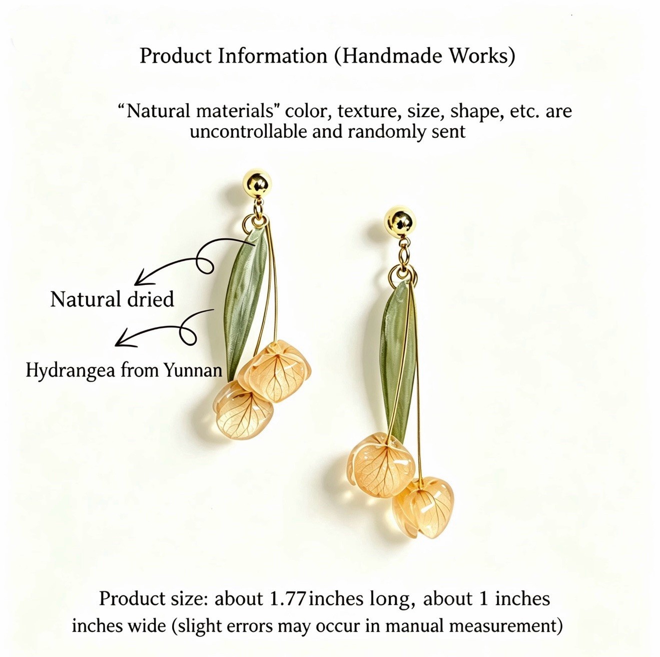 Handmade Dangle Earrings Yunnan Hydrangea Resin 18K Gold Plated Copper Alloy
