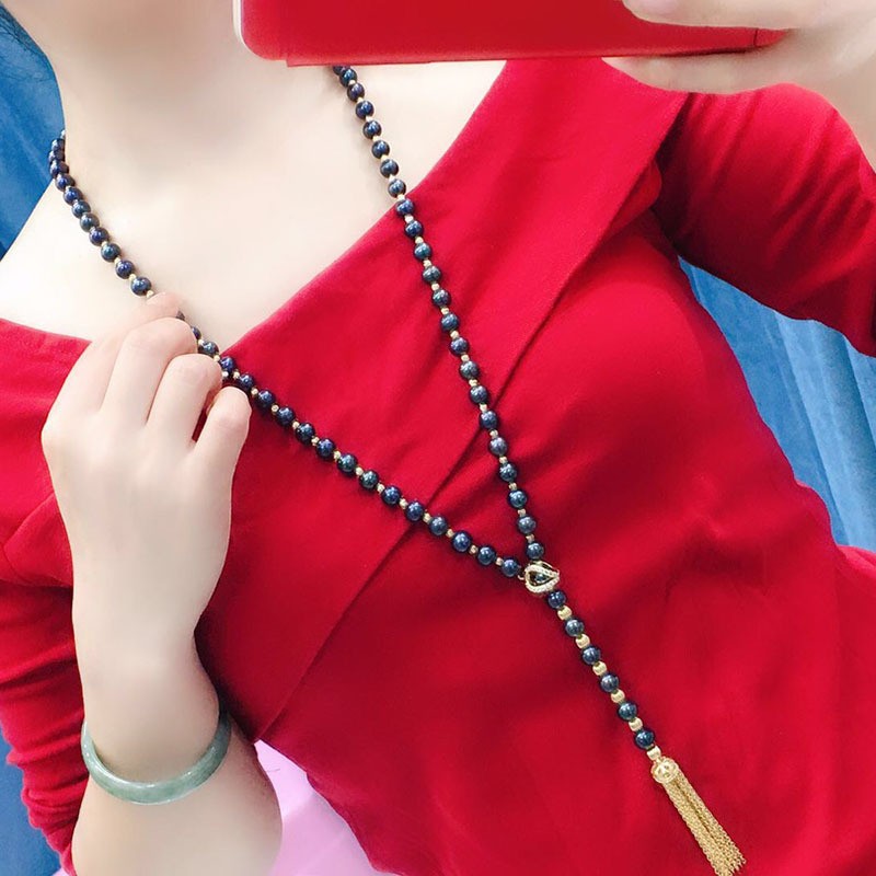 Black long 10-11mm cultured freshwater Pearl Necklace Waist chain