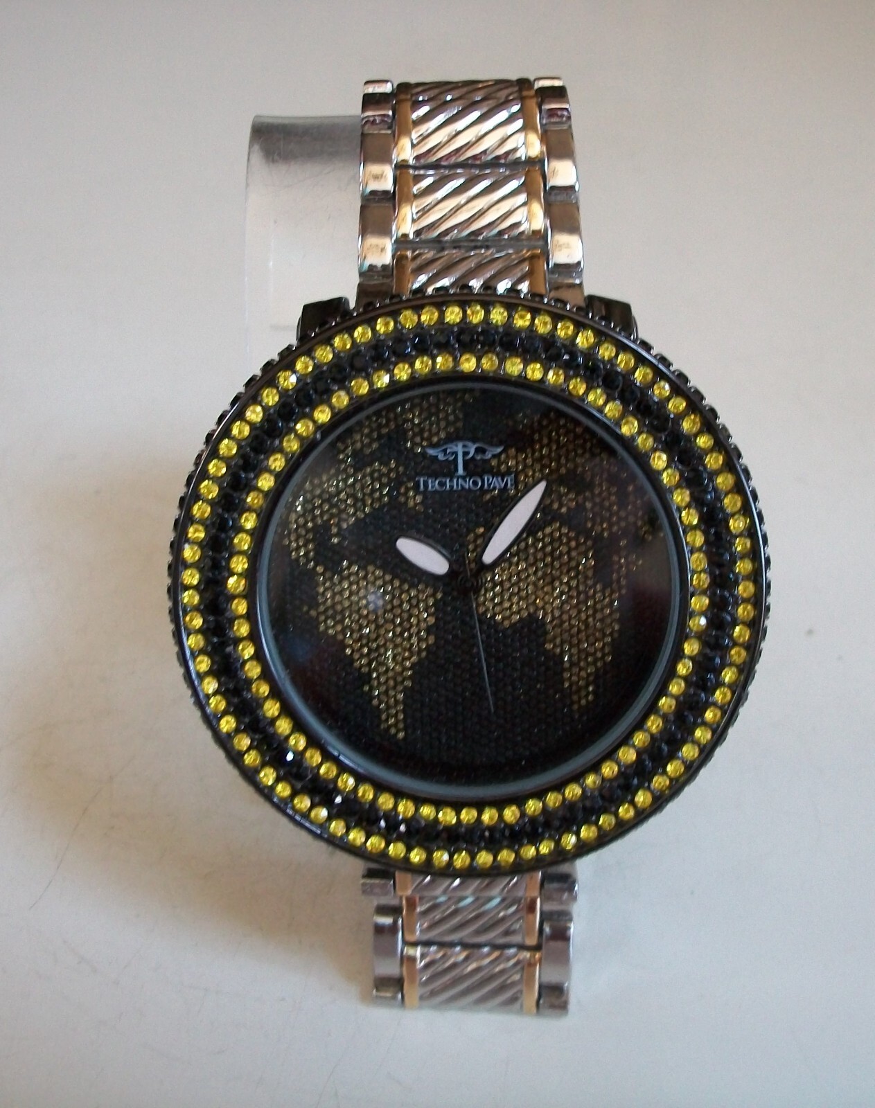 Men’s Gold & Silver Finish Yellow, Black Bling Fashion World Map Dial Watch
