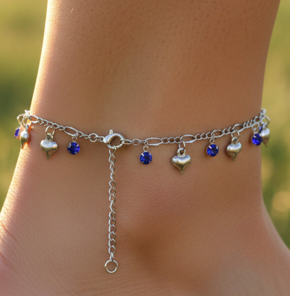 Sapphire Blue Stone Heart Charm Anklet Elegant Silver Tone Layered Chain