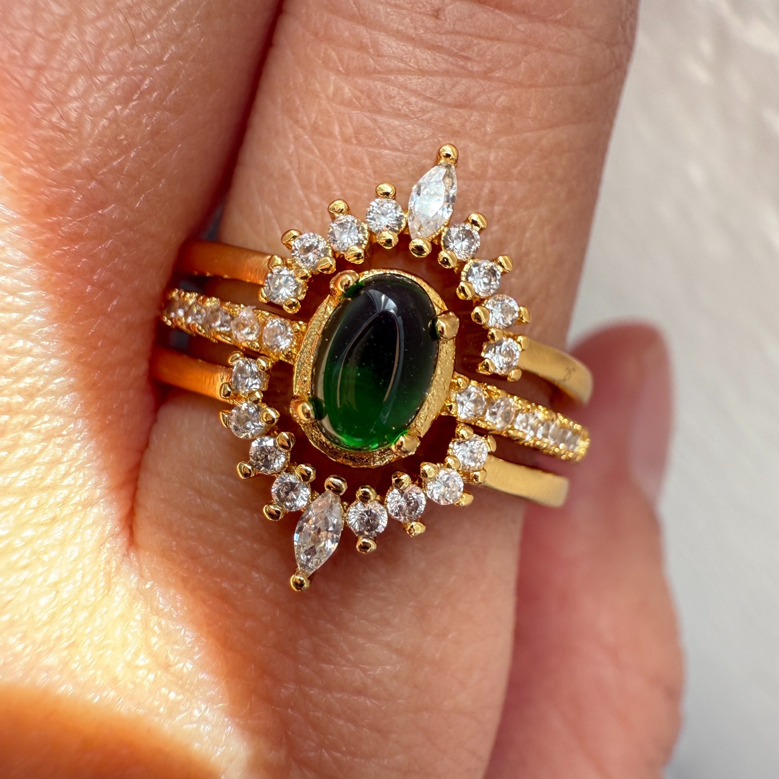 925 Sterling Silver Ring 3in1 6x4mm Green Natural Emerald Gemstone Zircon Flower